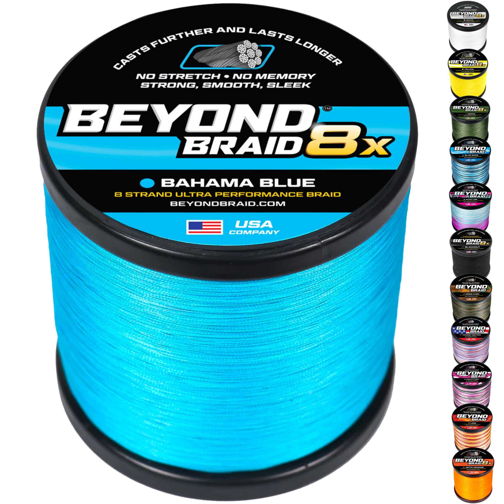 Beyond Braid Braided Fishing Line -Super Strong - Abrasion Resistant - No Stretch -Blue Camo, Moss Camo, White, Green, Pink, Blue, 4 Strand 8 Strand