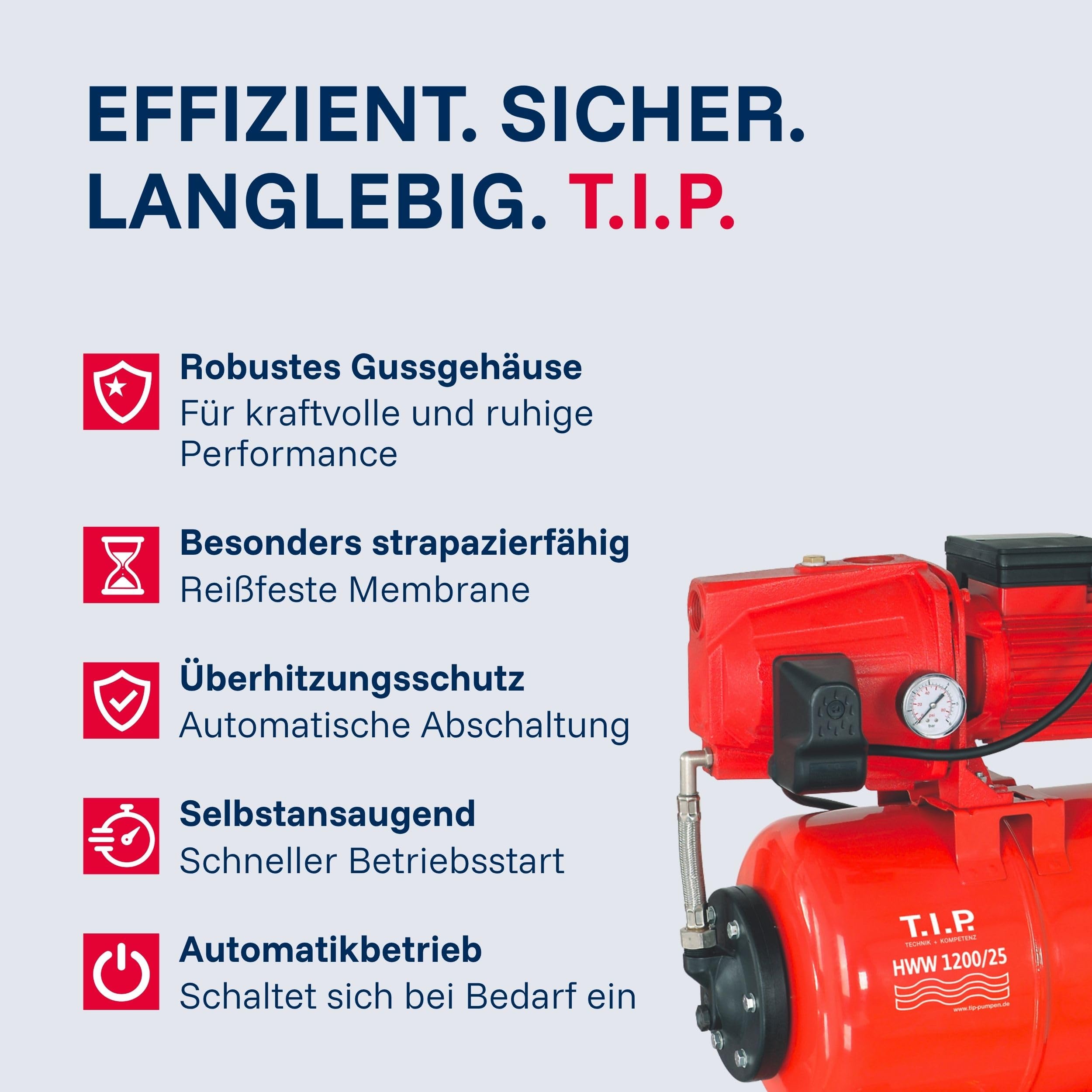 T.I.P. HWW 1200/25 Hauswasserwerk, 5.000 l/h Jetpumpe mit Gusseisengehäuse, 1.200 W, 50 m Förderhöhe & 5,0 bar Druck, Druckschaltung, 22L Kessel, selbstansaugend, effizient, leistungsstark & langlebig