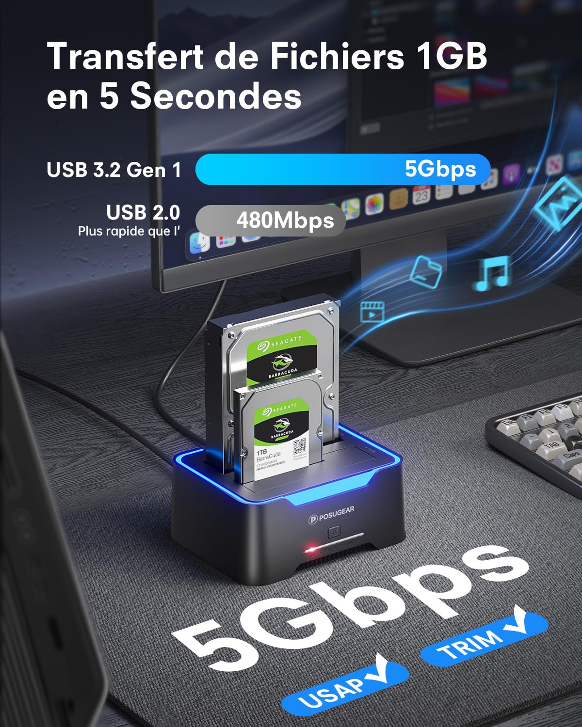 POSUGEAR Dock Disque Durs, USB3.0 Station d'accueil Disque Dur pour 2,5 et 3,5 Pouces SATA HDD/SSD Jusqu'à 40 to, Fonction clonage Hors Ligne Prend en Charge UASP Double Baie