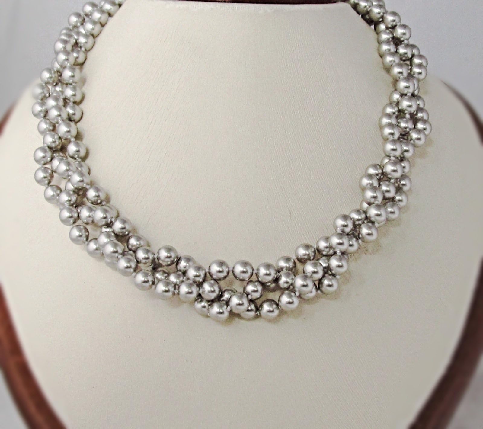 Silver Grey Chunky, Braided, Swarovski Elements, Crystal Simulated Pearl Necklace, 17 inches. Hand Knotted Bridal, Bridesmaid, Women's Fashion Jewelry. Choose Your Color
