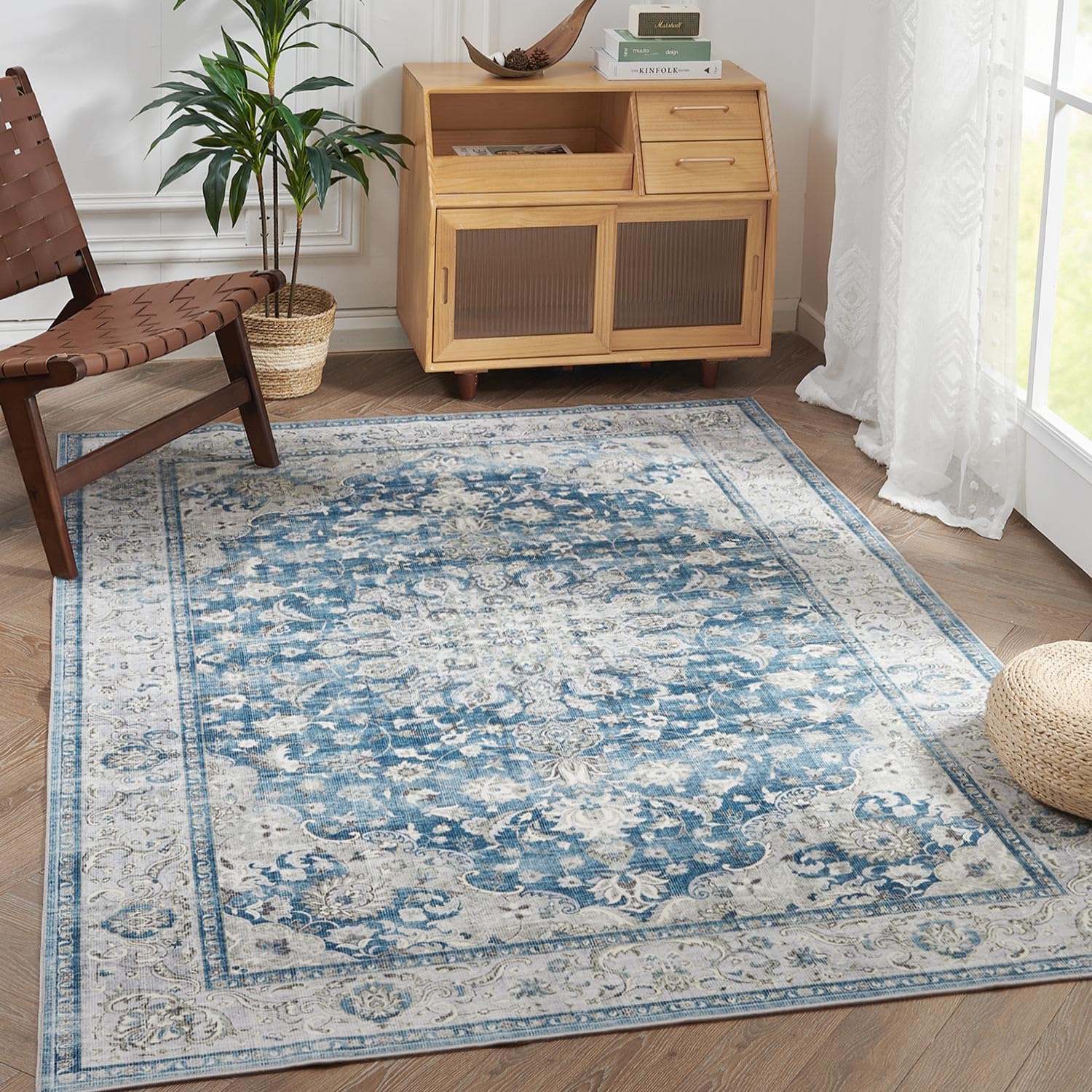 jinchan Area Rug 6x9 Washable Rug Floral Rug Distressed Blue Thin Rug Vintage Retro Rug Indoor Non Slip Carpet Kitchen Living Room Bedroom Dining Room