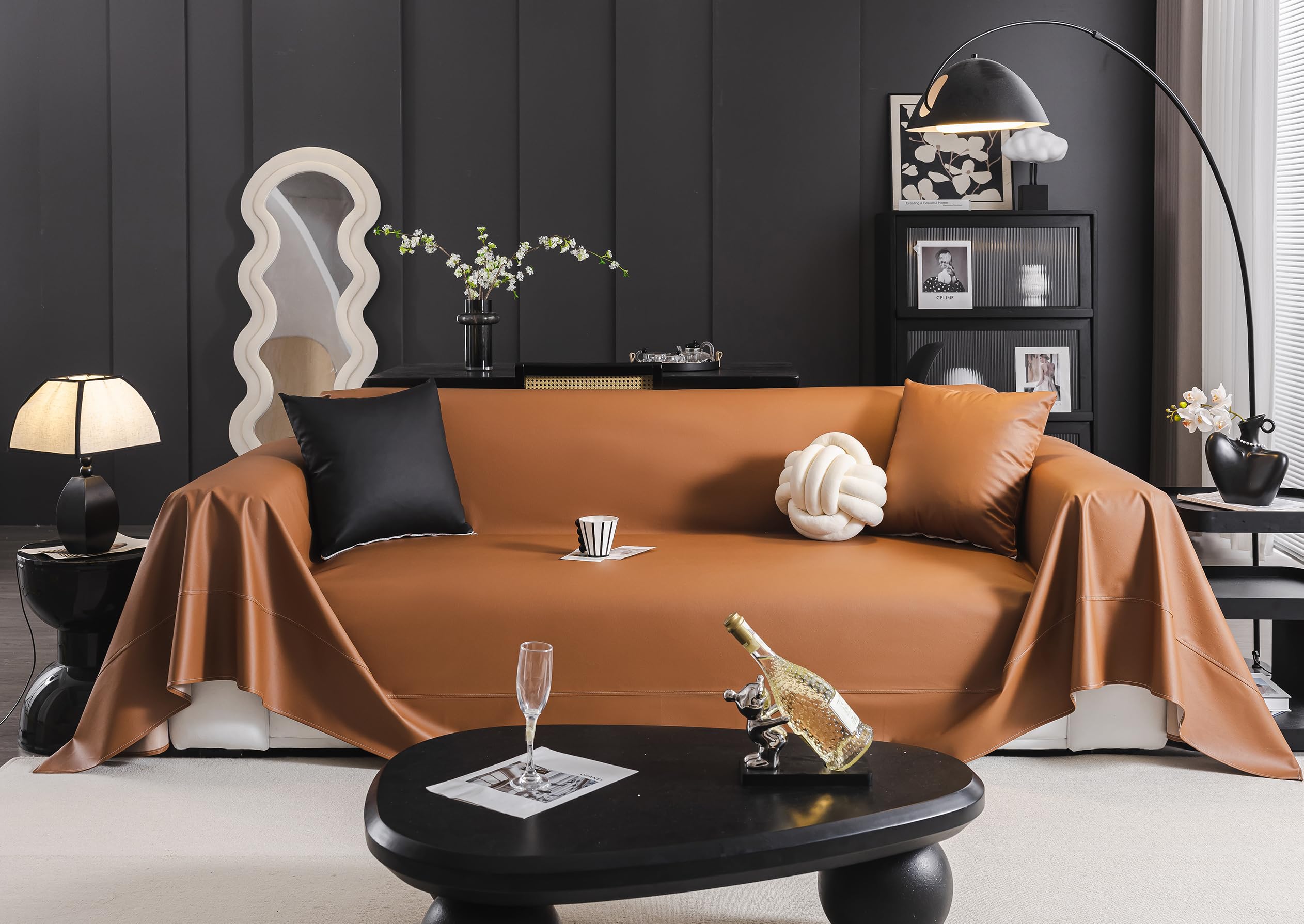 Meicynhoger Copridivano Antimacchia Impermeabile 420x180 cm - Fodera per Divano in ​​Pelle Sintetica Antistrappo per Casa e Decorazione (Marrone Chiaro, 4 Posti)