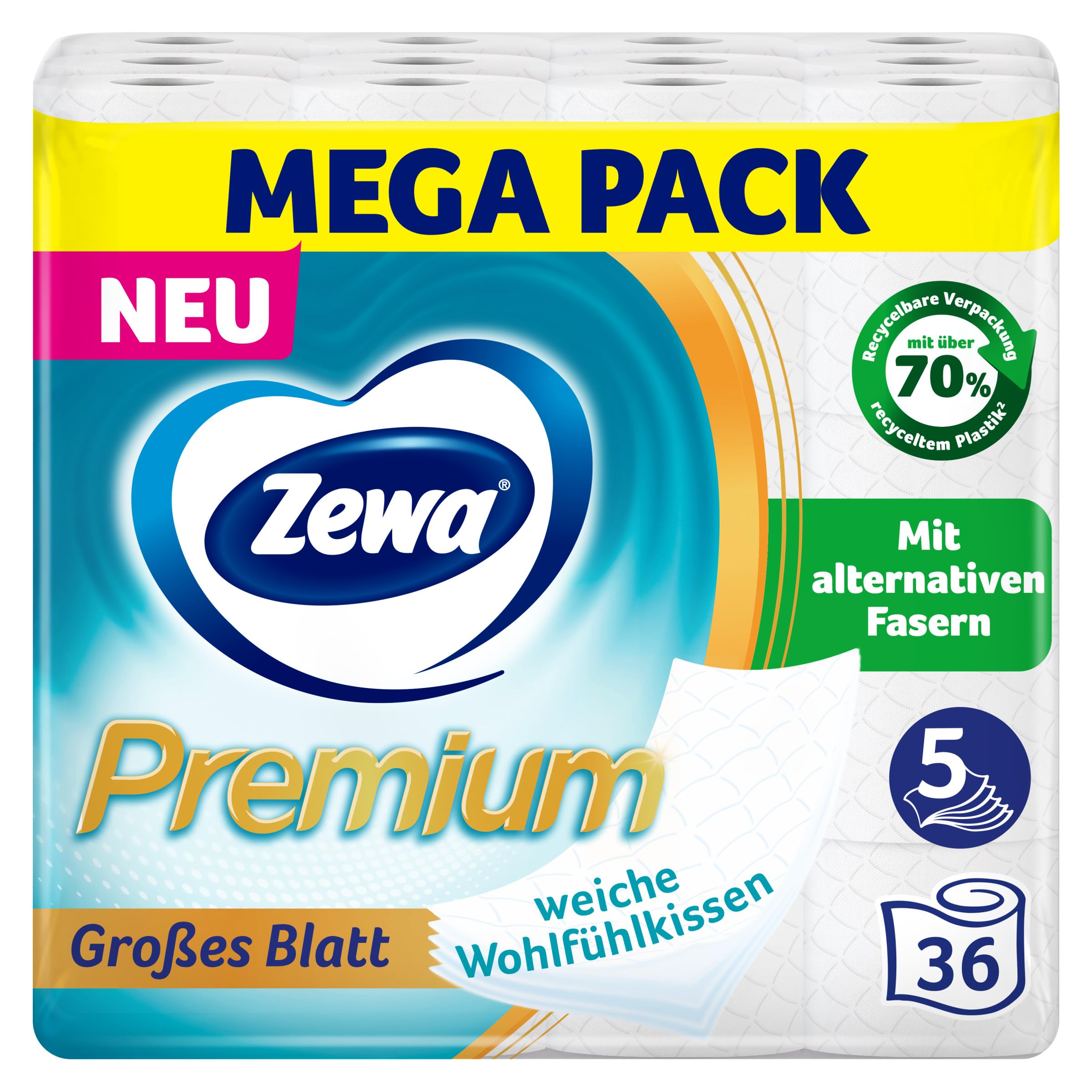 ZEWA Premium Toilettenpapier, 6 x 6 (36) Rollen á 110 Blatt 5-lagig