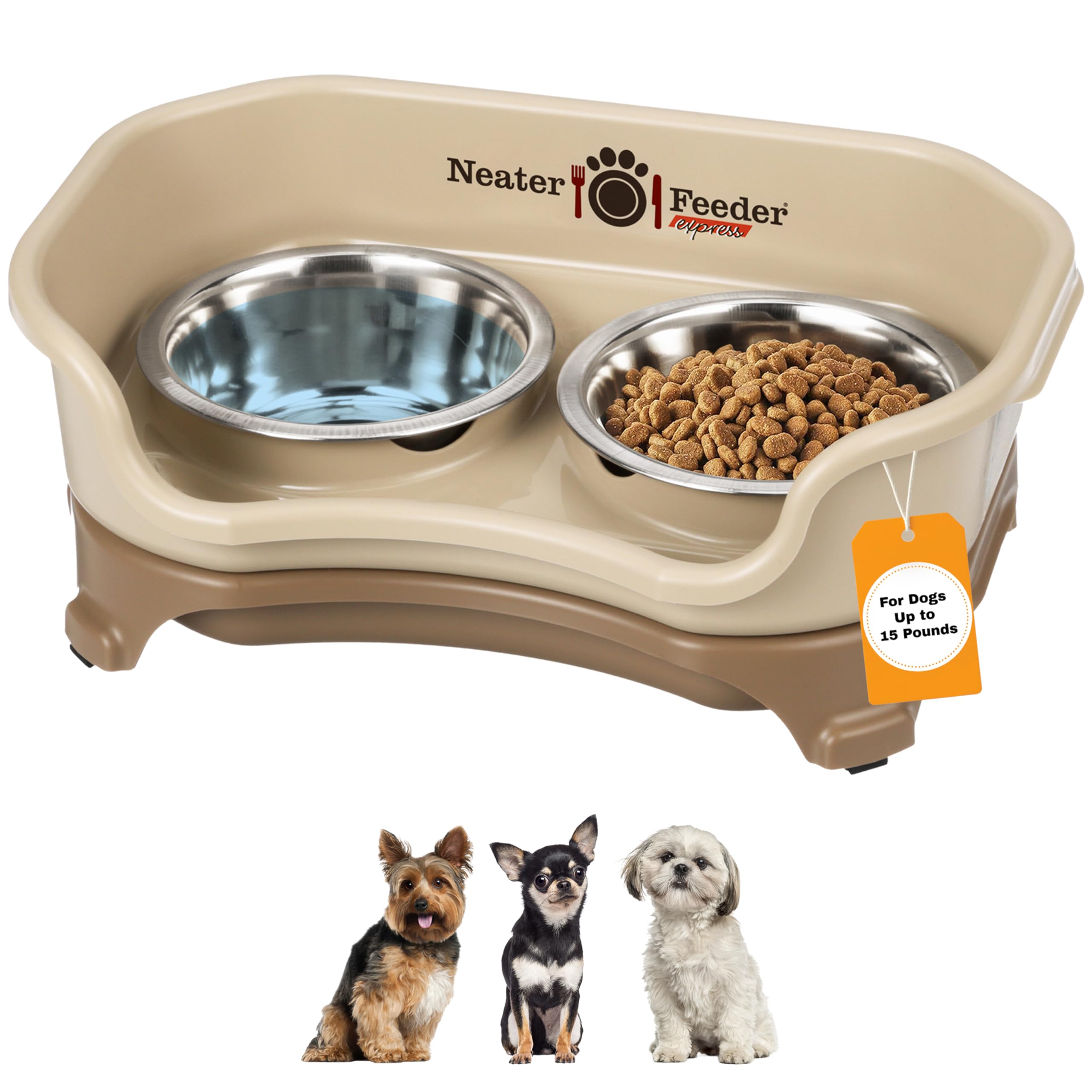 Neater Feeder Express Mess Proof Dog Bowls Elevated for Small Breeds under 15 Lb, Made in USA, No Spill Raised Dog Food Bowl Stand, Stainless Steel Food and Water Bowl Set, Feeding Station, Cappuccino