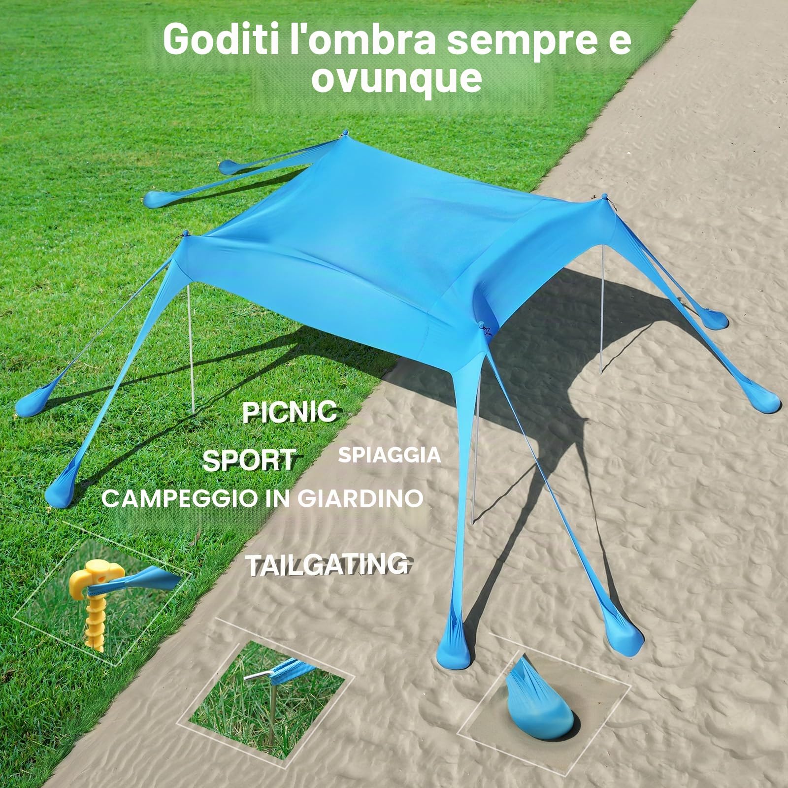 Rhino Valley 3x3m Tenda da Spiaggia Ultra Stabile Portatile, Protezione UV UPF50+ Tenda da Mare Super Antivento con 8 Ancoraggi a Sabbia Riempibili e 4 Aste in Alluminio