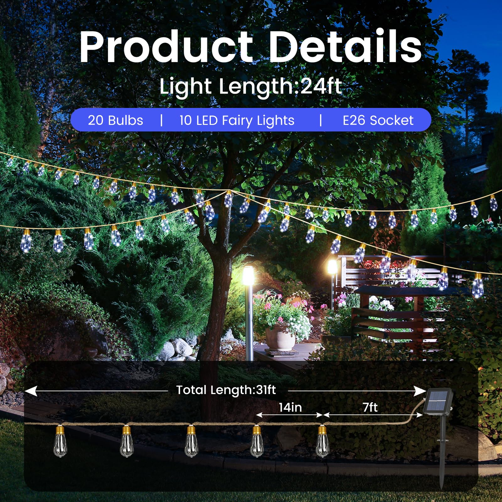 Guirnalda de luces solares para exteriores, cuerda de cáñamo vintage de 24 pies con 20 bombillas inastillables, impermeables, 8 modos de luces solares para patio, jardín, valla, balcón, camping