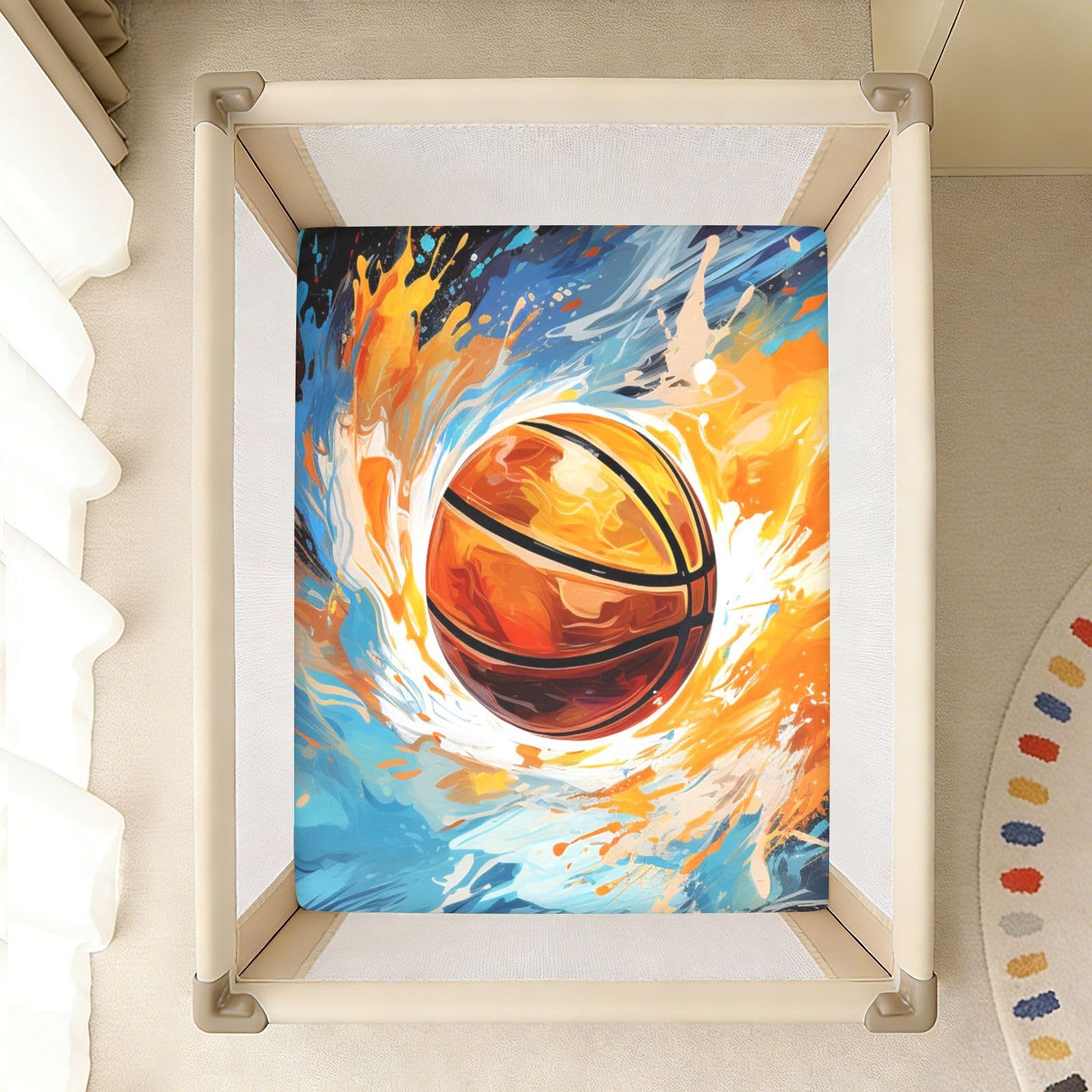 Baloncesto De Dibujo A Mano Espacio Sábana de Cuna para Niños Pequeños,Sábanas de Algodón Suave para Bebés Aptas para Colchón Corralito