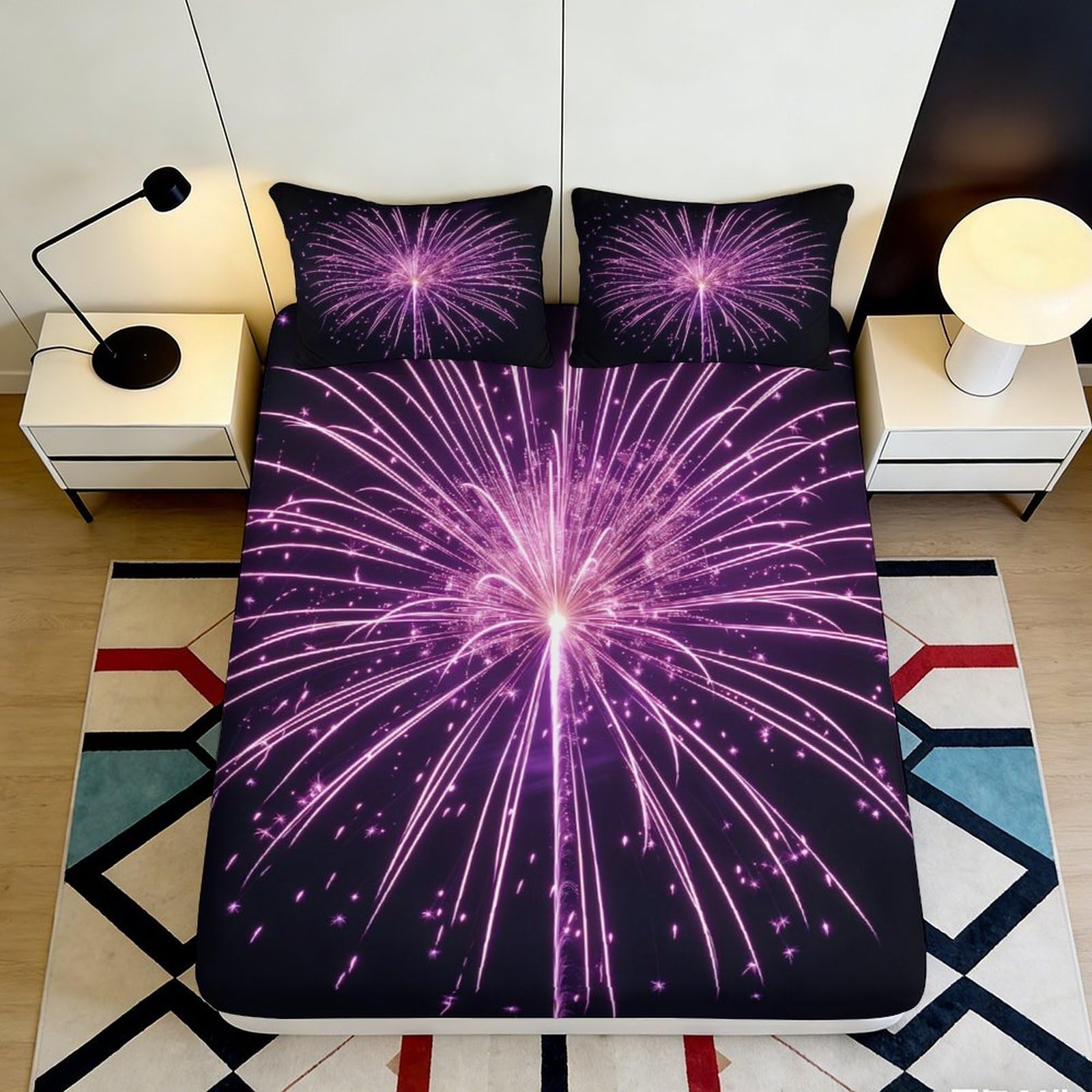 3D Printed Fireworks Fitted Sheet Microfiber Deep Pocket Non-Slip Bedding Set Fireworks Mattress Fitted Cover Washable 90x200x25cm