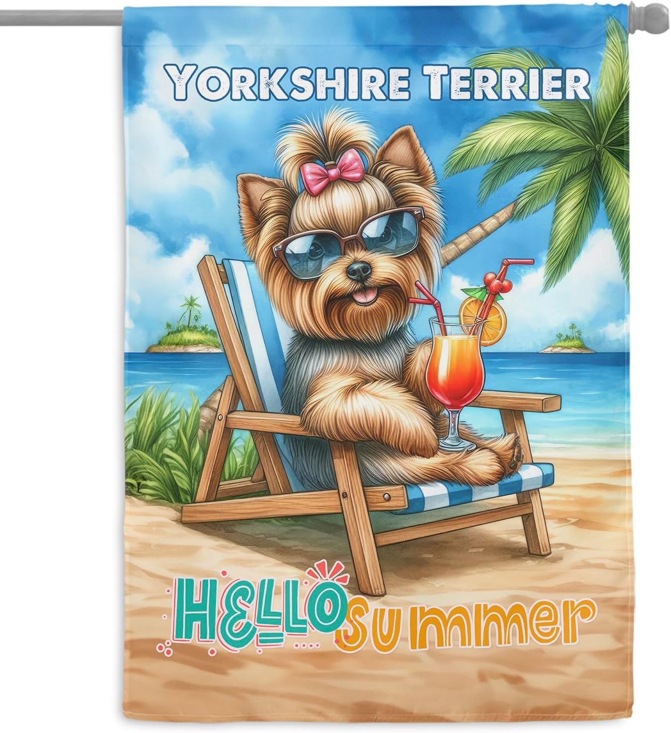 Personalized Custom Name Yorkshire Terrier Hello Summer Beach Theme with Sunglasses and Tropical Cocktail House Flag 28x40in Double Sided Yorkie Dog Lover Gifts Idea Outdoor Decor - 009