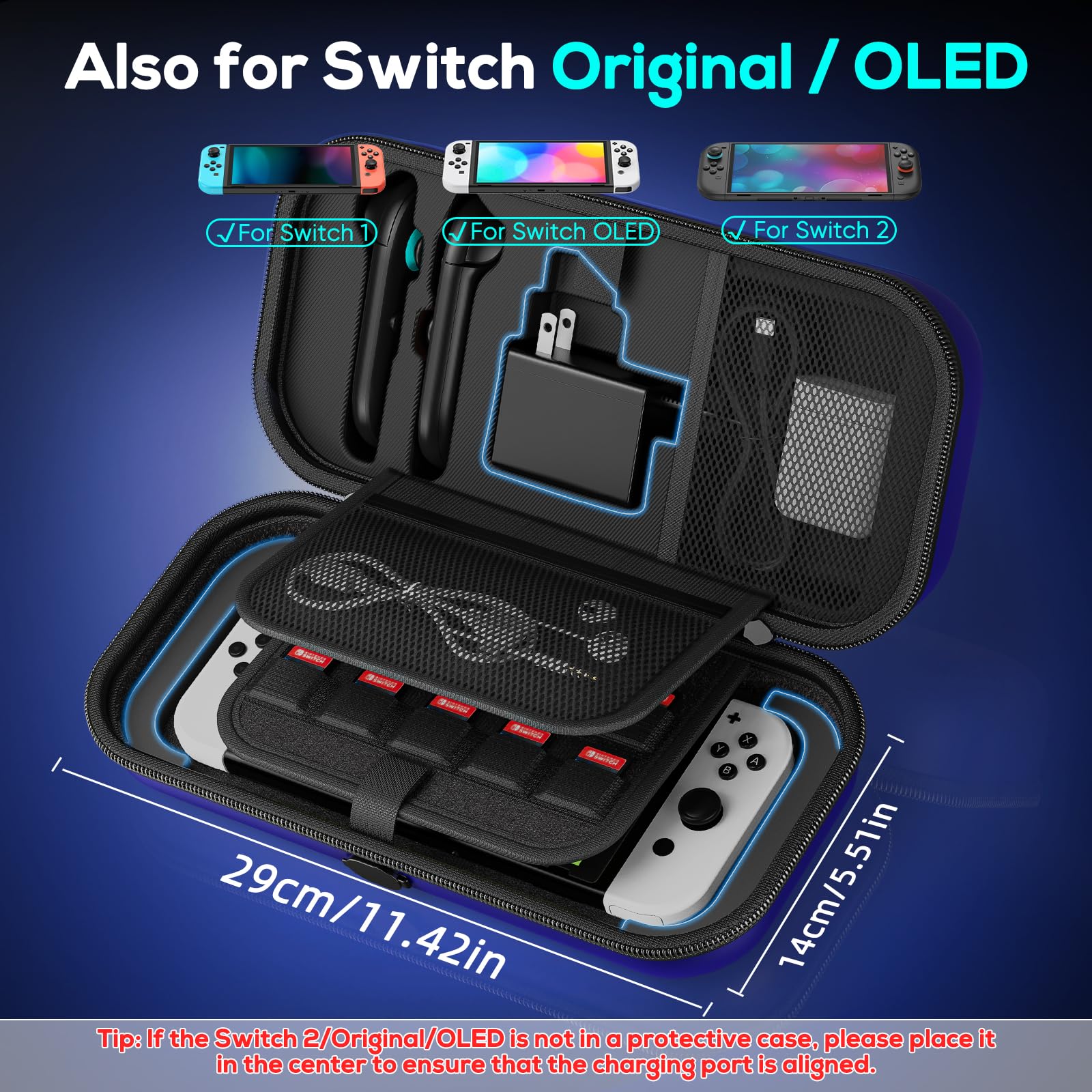 Ladung Innen] Tasche für Nintendo Switch 2/OLED/Original, Große HarteTasche für Adapter und Joy-pad Aufbewahrung, Reise-Tasche für Switch 2 D S Konsole mit 22 Spielkartenfächern, Blau Games