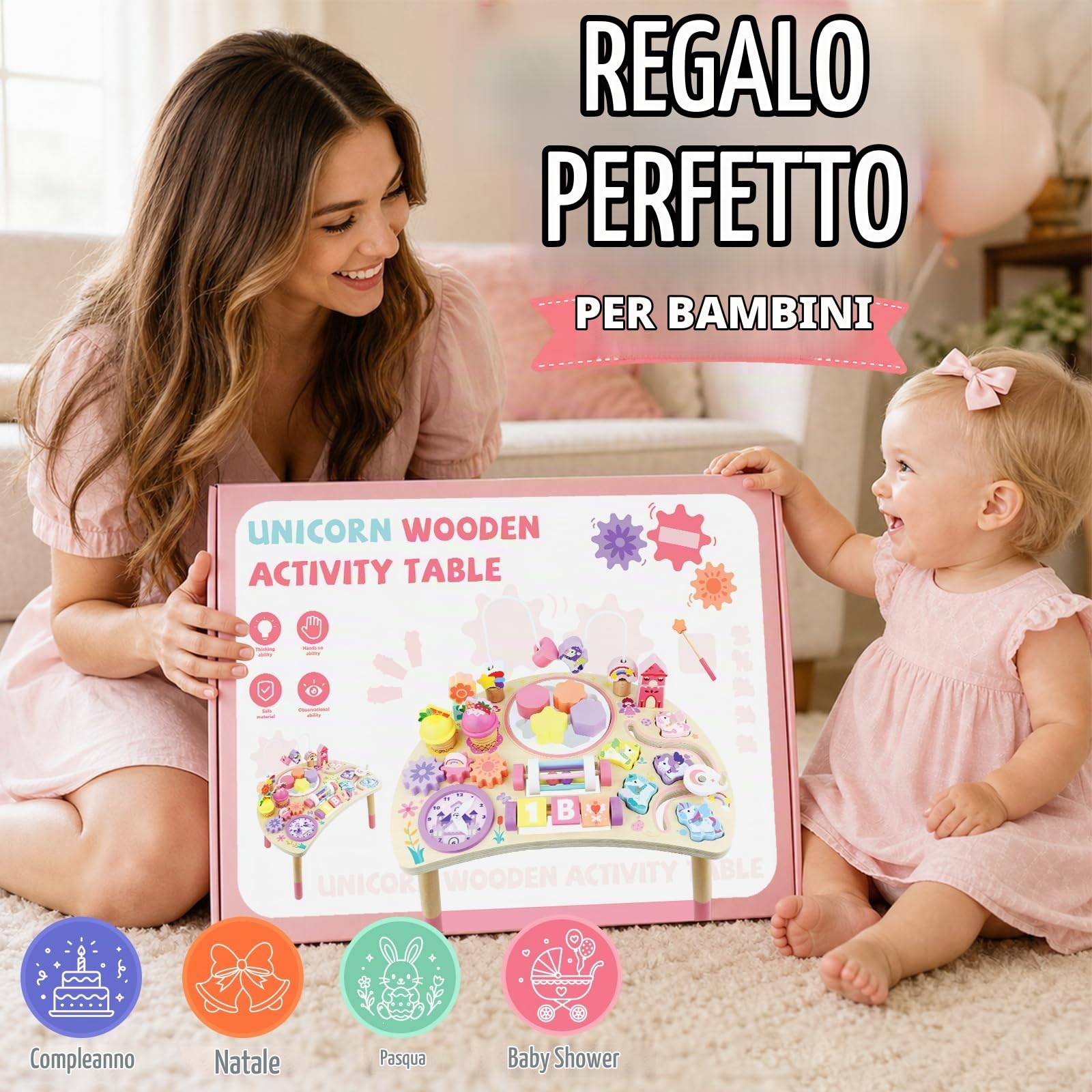 Tavolo Multiattivita Bambini Giochi Montessori 1 Anno Busy Board 10-in-1 | Giocattolo di Apprendimento Sensoriale Unicorno 10-in-1 — Regalo di Compleanno per Bambini di 1, 2 e 3 Anni