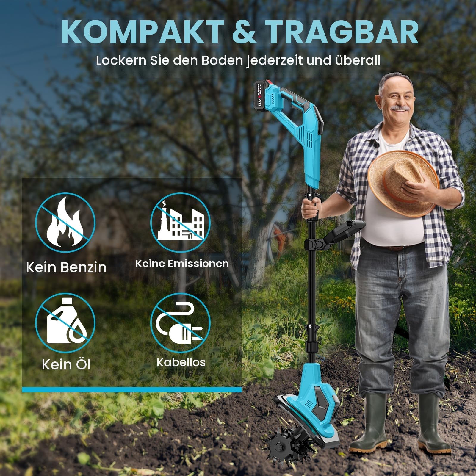 Elektrische Motorhacke, 21 V, kabellose Gartenfräse, 600 W, mit 2 x 4,0 Ah Batterien, Arbeitsbreite 17 cm, Arbeitstiefe 24 cm, 360 U/min, elektrische Motorhacke für Garten und Hof