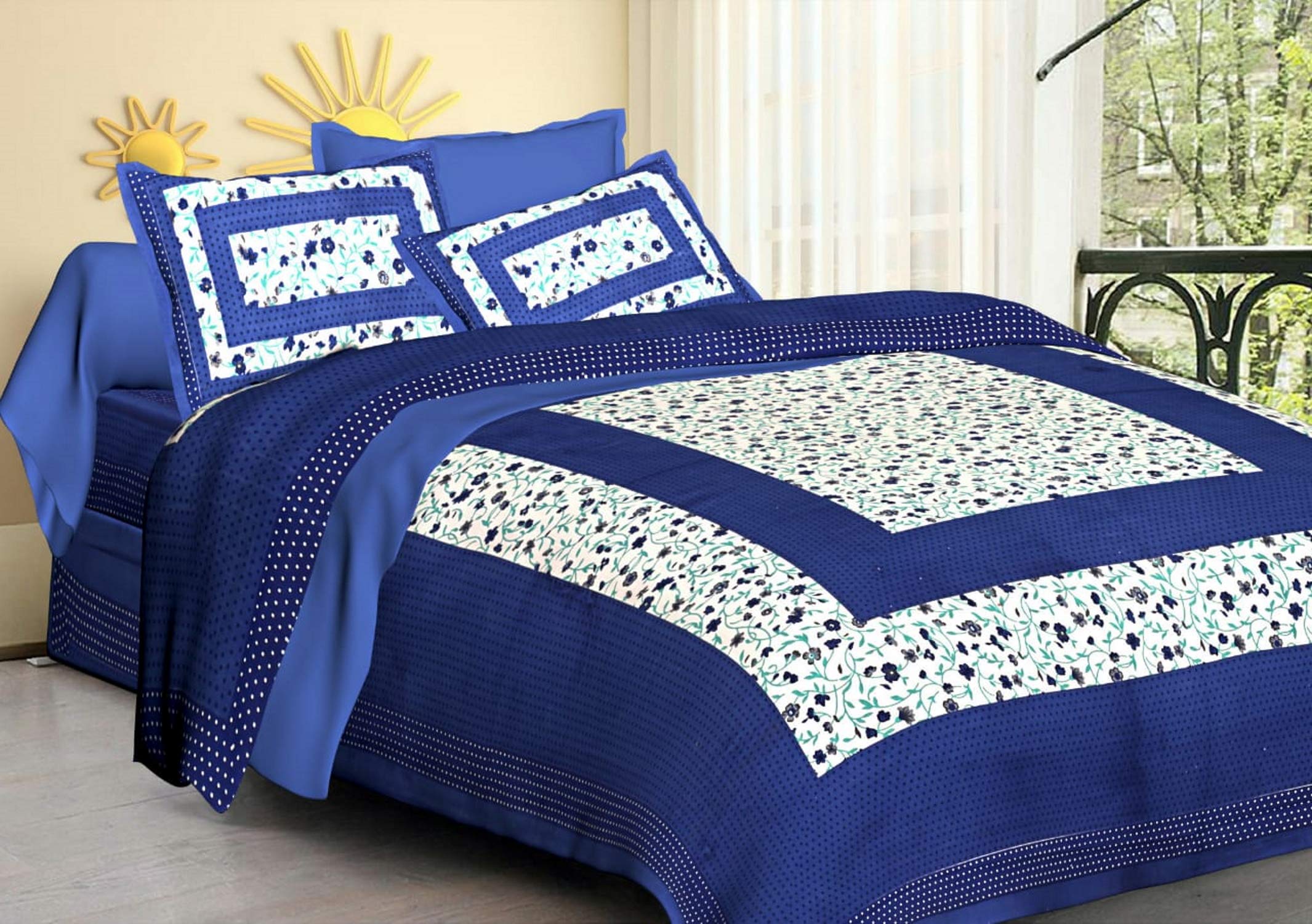 Drap de lit en coton Jaipuri fait main, couvre-lit Sanganeri haut de gamme 84x90"