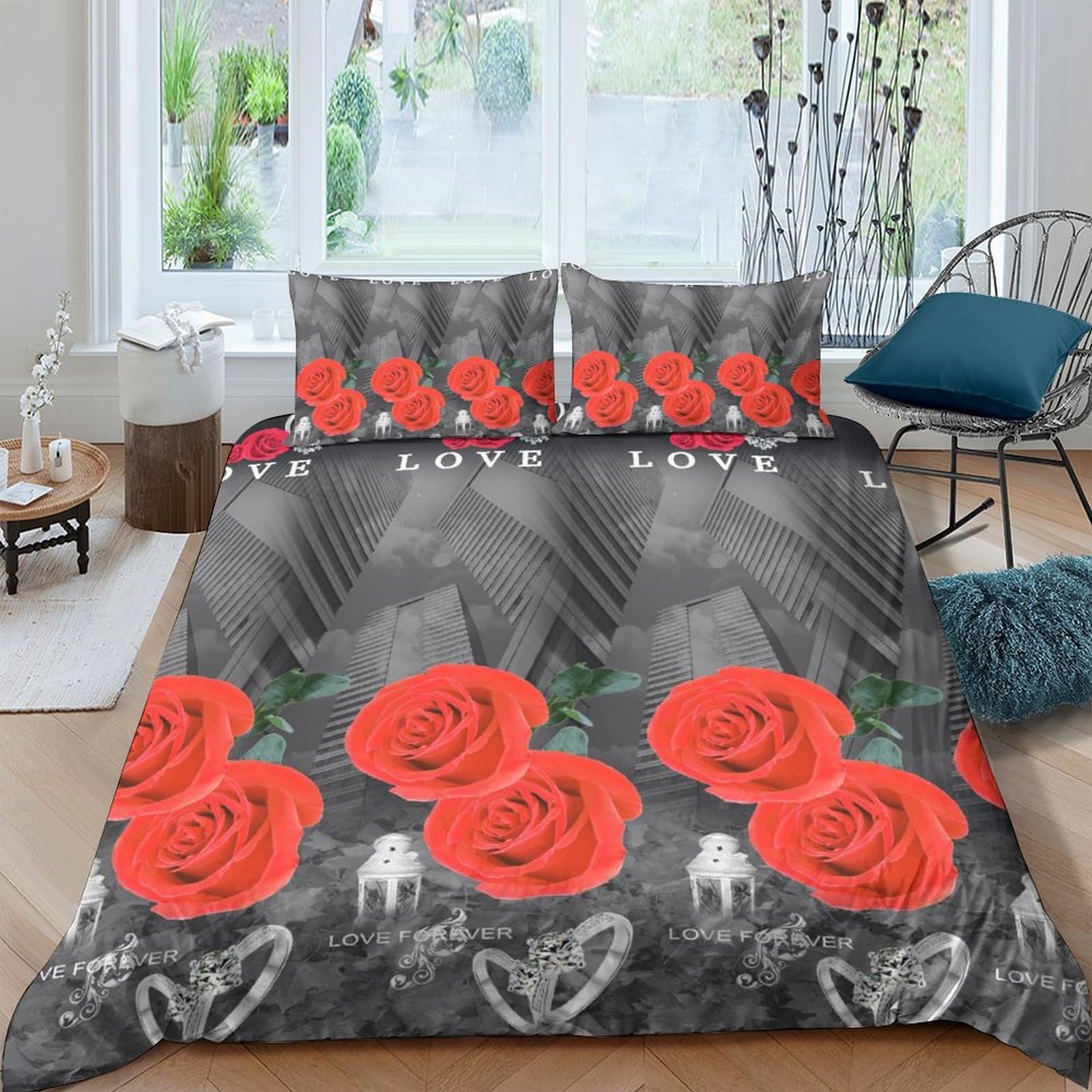 Ctjqhvkz Style-2 3D Printed Red Rose Fitted Sheet Microfiber Soft Grey Romantic Bed Sheet For Bedroom Guest Room Decor Protection Single（135X200cm）