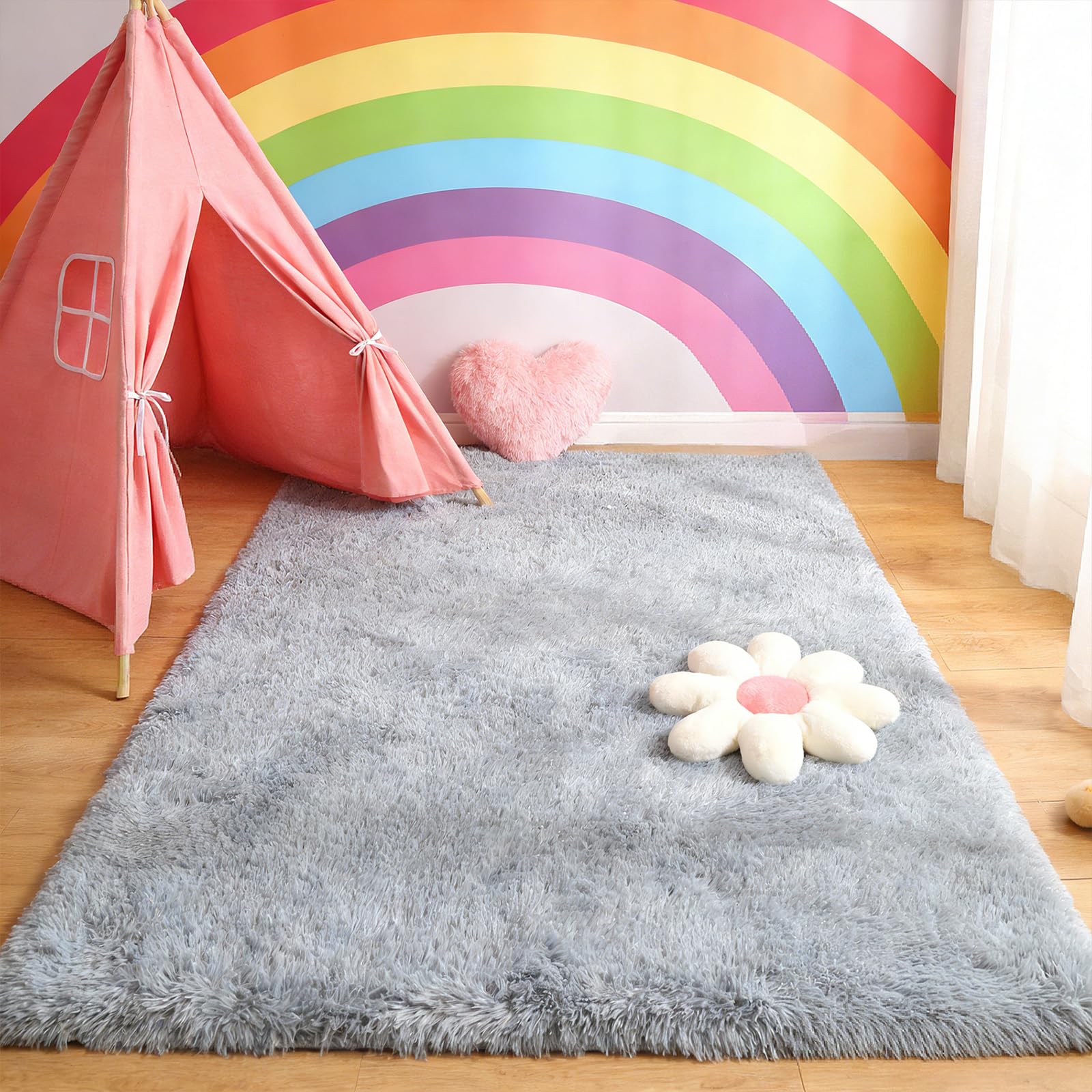 Alfombra Vinilica Cocina 60 x 370 cm, Parte Inferior Antideslizante, Lavable hasta 30 Grados, Muy Suave, Peludas Tie-Dye, Alfombra Antideslizante Suave, para Dormitorio, Gris Plata