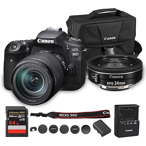 Canon EOS 90D DSLR Camera with 18-135mm Lens | 32.5MP APS-C Sensor, Dual Pixel AF & 4K Video | for Wildlife & Sports Photography (3616C016) + Canon EF-S 24mm f/2.8 STM Lens + Bag + 64GB Card