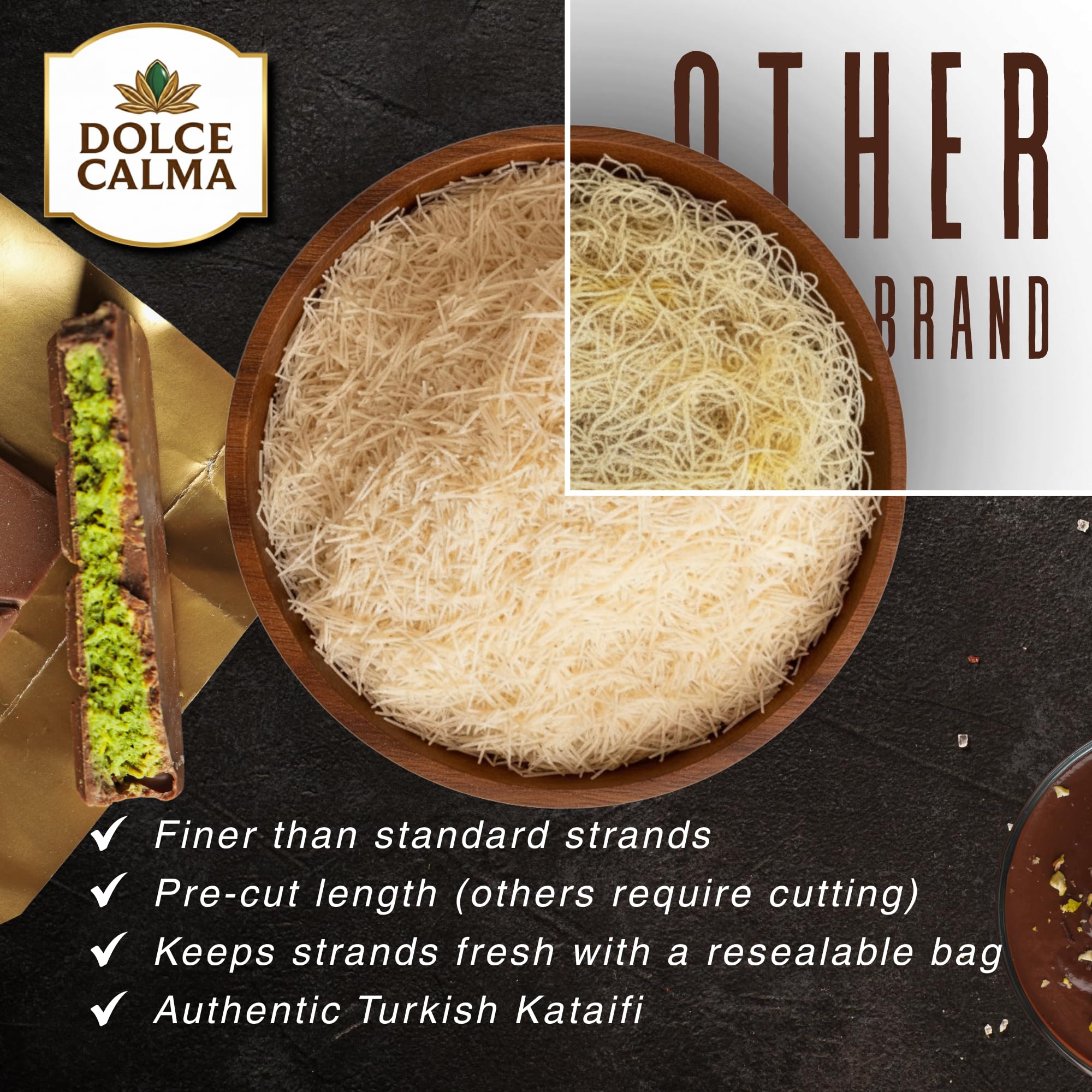 Dolce Calma Dried Kadayif Kataifi Shredded Fillo Dough 6 4 oz 180g Resealable Bag Dubai Chocolate Bar Kunafa — view 4