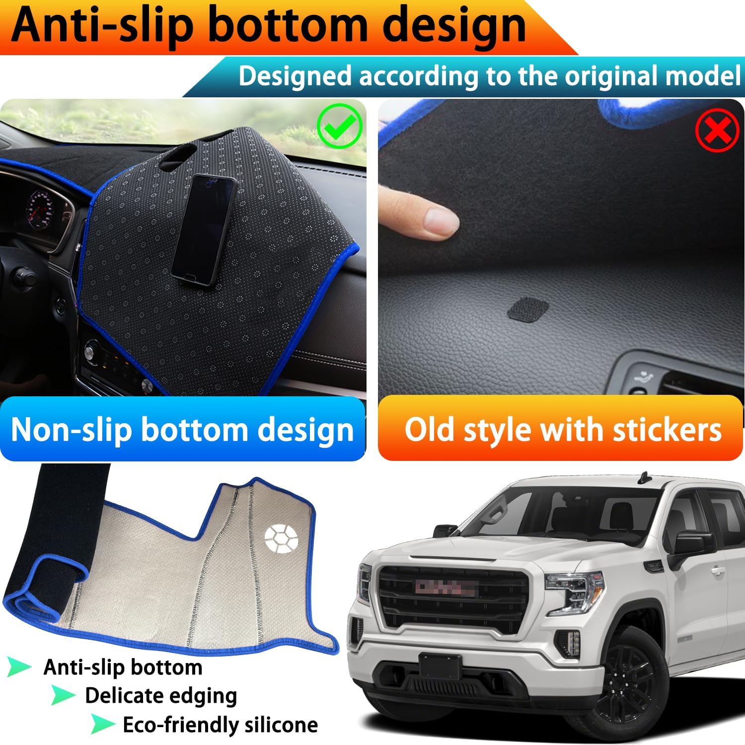Dash Cover Mat for Chevy Silverado/GMC Sierra 1500 Accessories 2022-2025 2026, Non-Slip Dashboard Decorative Interior & UV Protection for 2024-2026 Silverado/Sierra 2500HD 3500HD (Blue Trim)