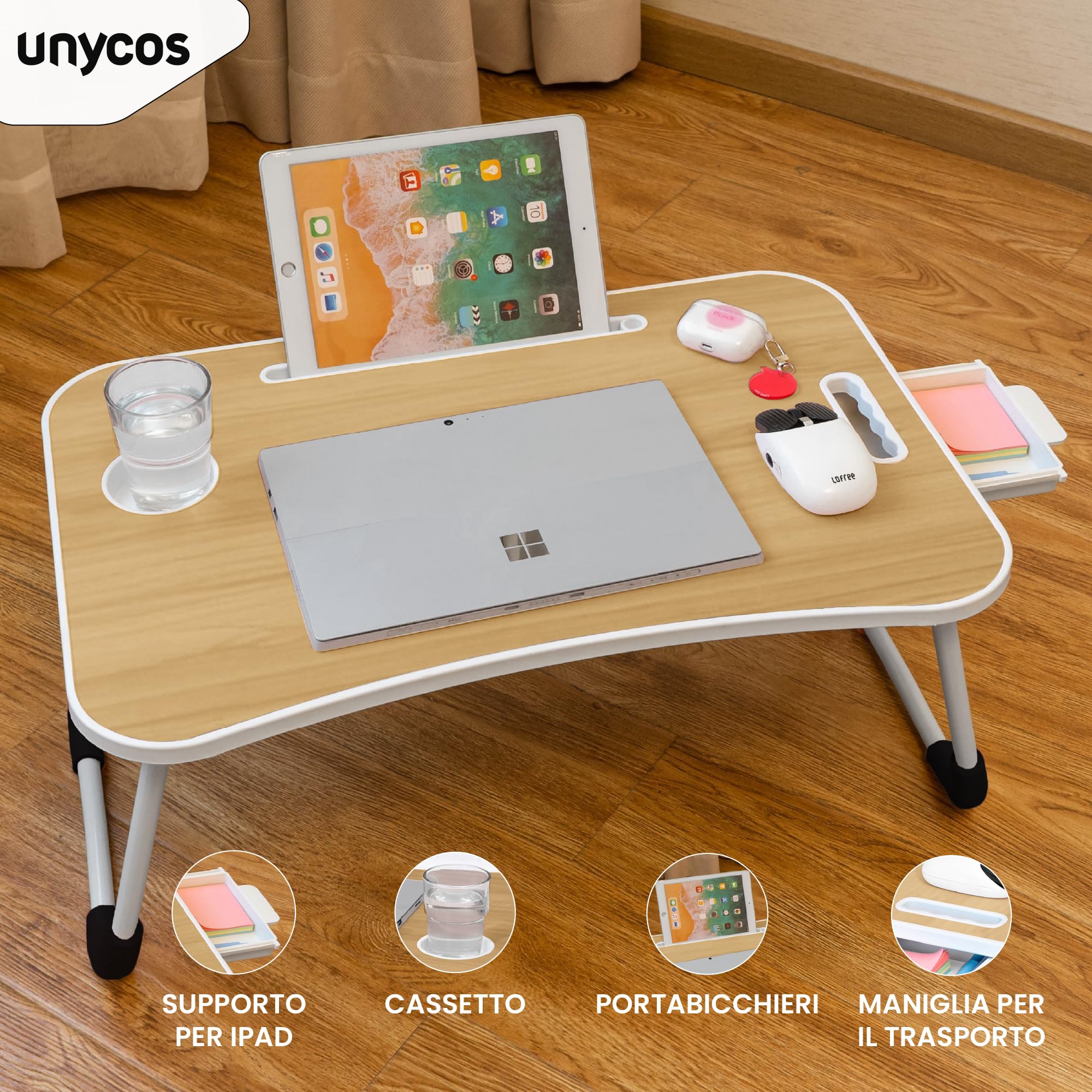 unycos - Vassoio per la Colazione e da Letto【60x40x26 cm】Tavolo Pieghevole con Leggio, Supporto Multifunzionale per Computer Portatile, Tablet, Lavorare, Leggere (Noce con Cassetto)