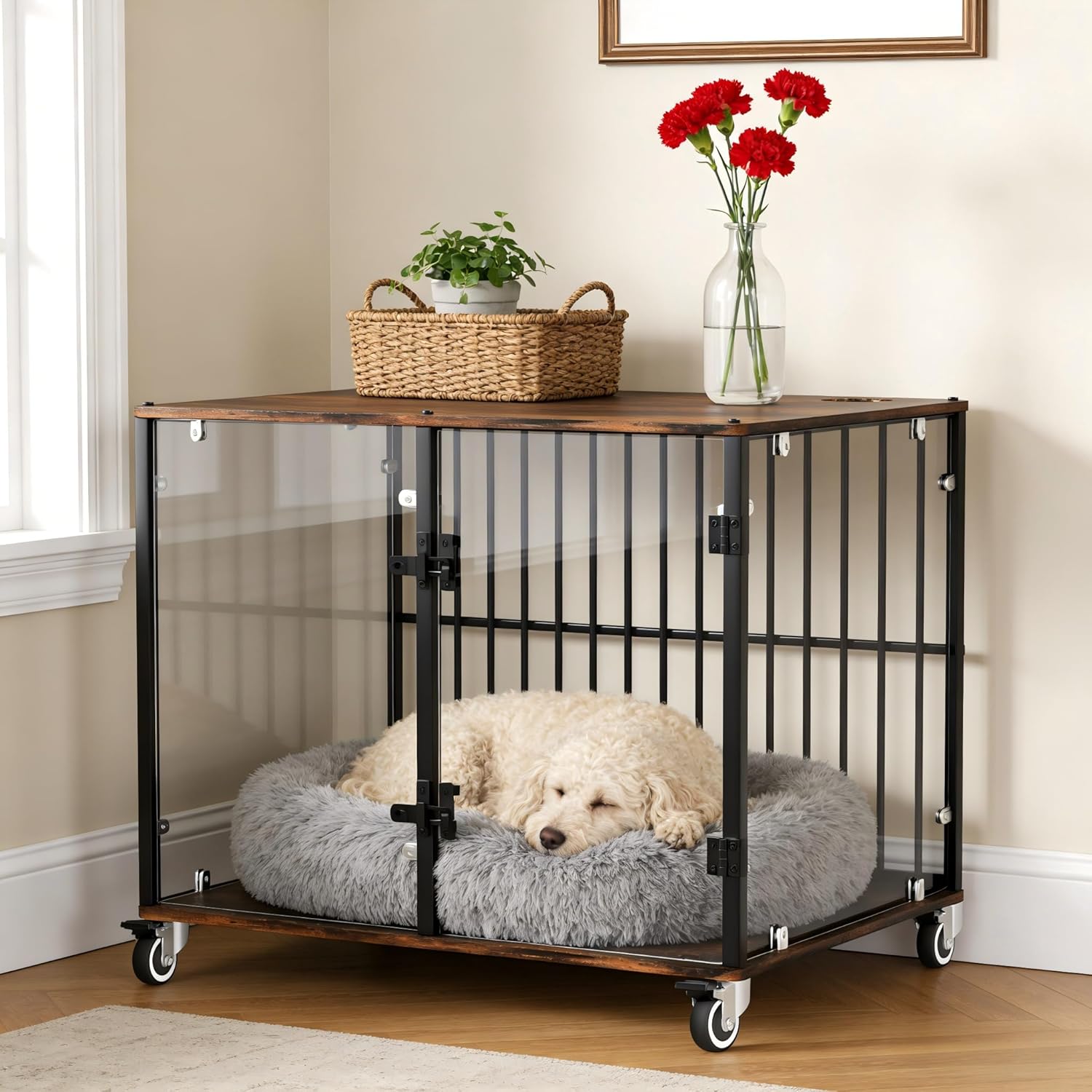 Bingopaw Dog Crate Furniture: Indoor Puppy Kennel Made by Clear Tempered Glass Breathable with Wooden Table - Decorative Pet Cage Lockable with Rolling Wheel for Small Medium Dogs