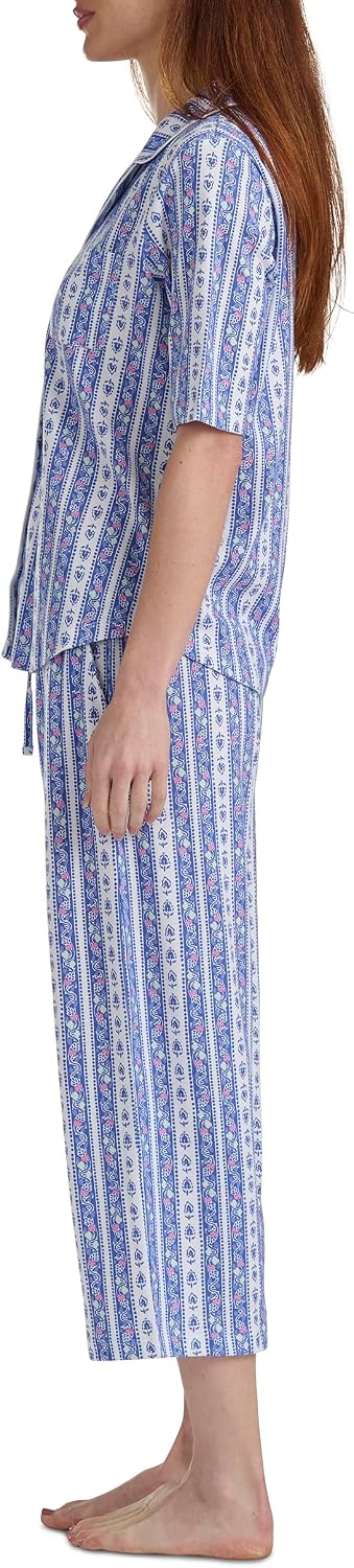 Karen Neuburger Women's Elbow Length Sleeve Notch Collar Top and Capri Pajama Set