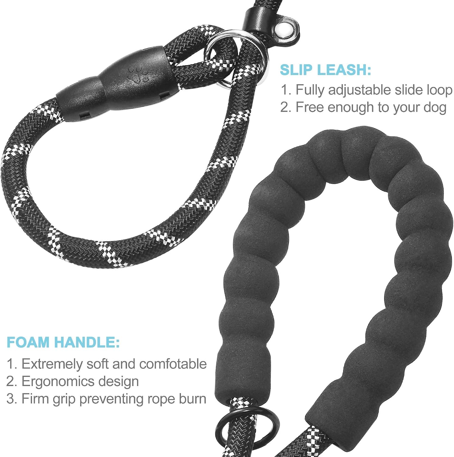 haapaw Slip Lead Dog Leash with Comfortable Padded Handle Reflective, Mountain Climbing Rope Dog Training Leashes for Large Medium Small Dogs(2 Packs, 6 FT) (Slip Leash, Black/Black)