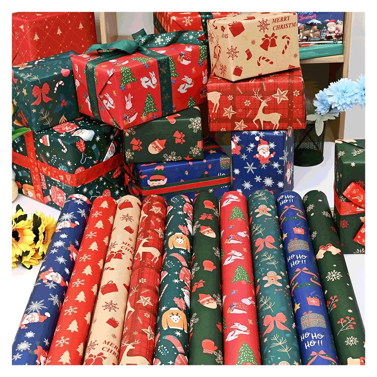 Geschenkpapier Weihnachten 10 Stück Weihnachtsmann-Geschenkverpackungspapier aus Kraftpapier, Cartoon-Motiv, festliche Gastgeschenke for Weihnachtsfeiern, 74 x 50 cm(10pcs)