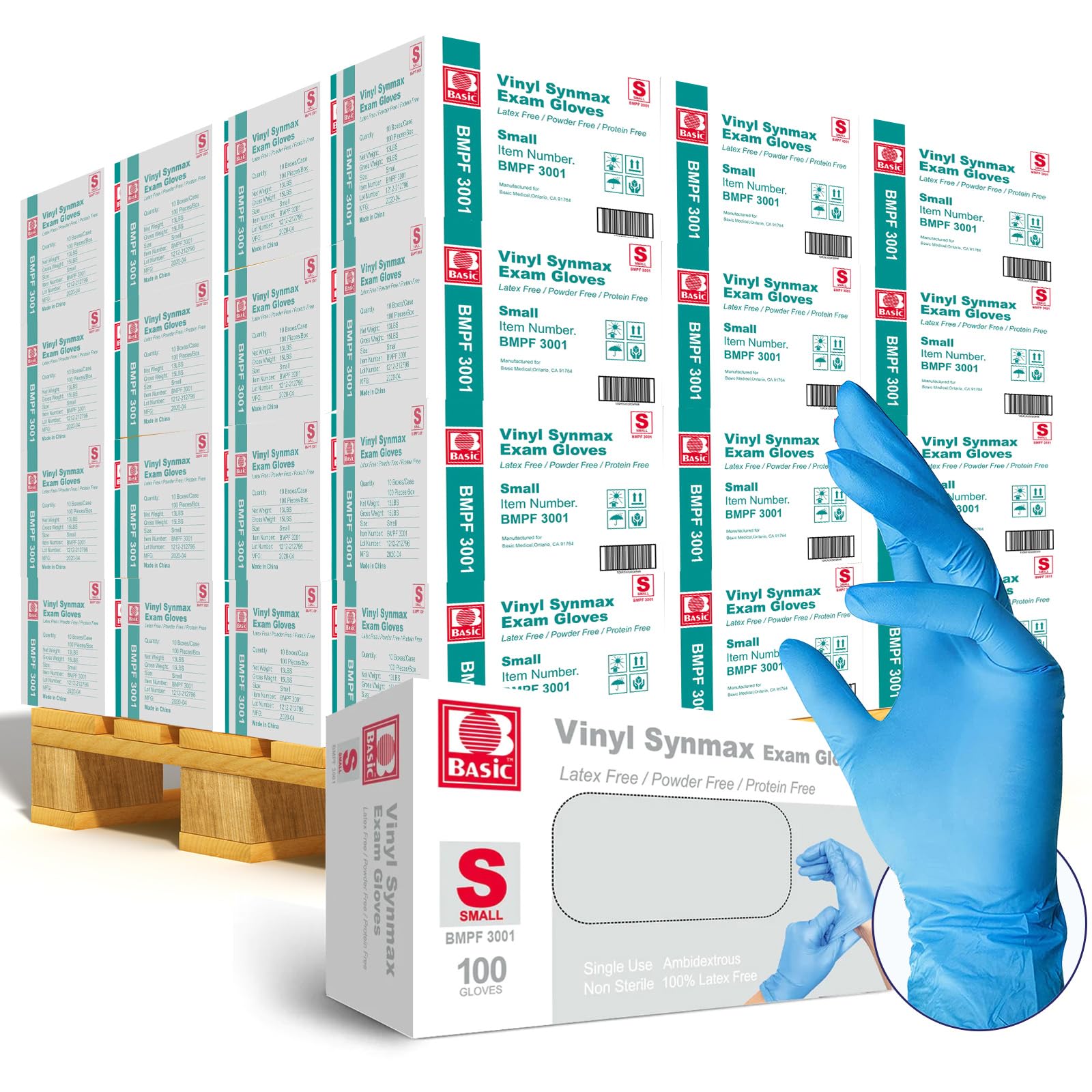 IntcoBasic Medical Synmax Vinyl Exam Gloves - Latex-Free & Powder-Free - Small, BMPF-3001 (Pallet of 48,000)