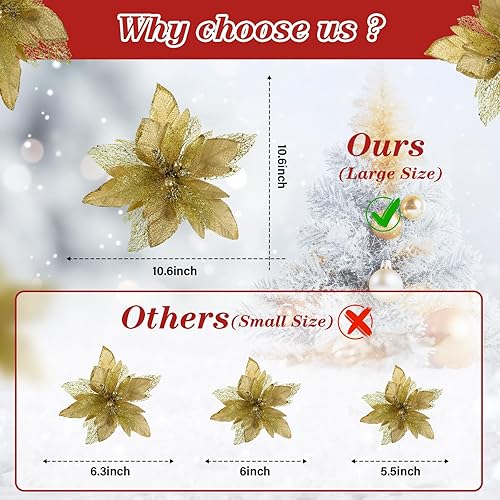 Miniatura 3 de Riceshoot Decoraciones de flores artificiales de Pascua de Año Nuevo, 8 piezas de 10.6 pulgadas de tela decorada con purpurina para árbol de Navidad