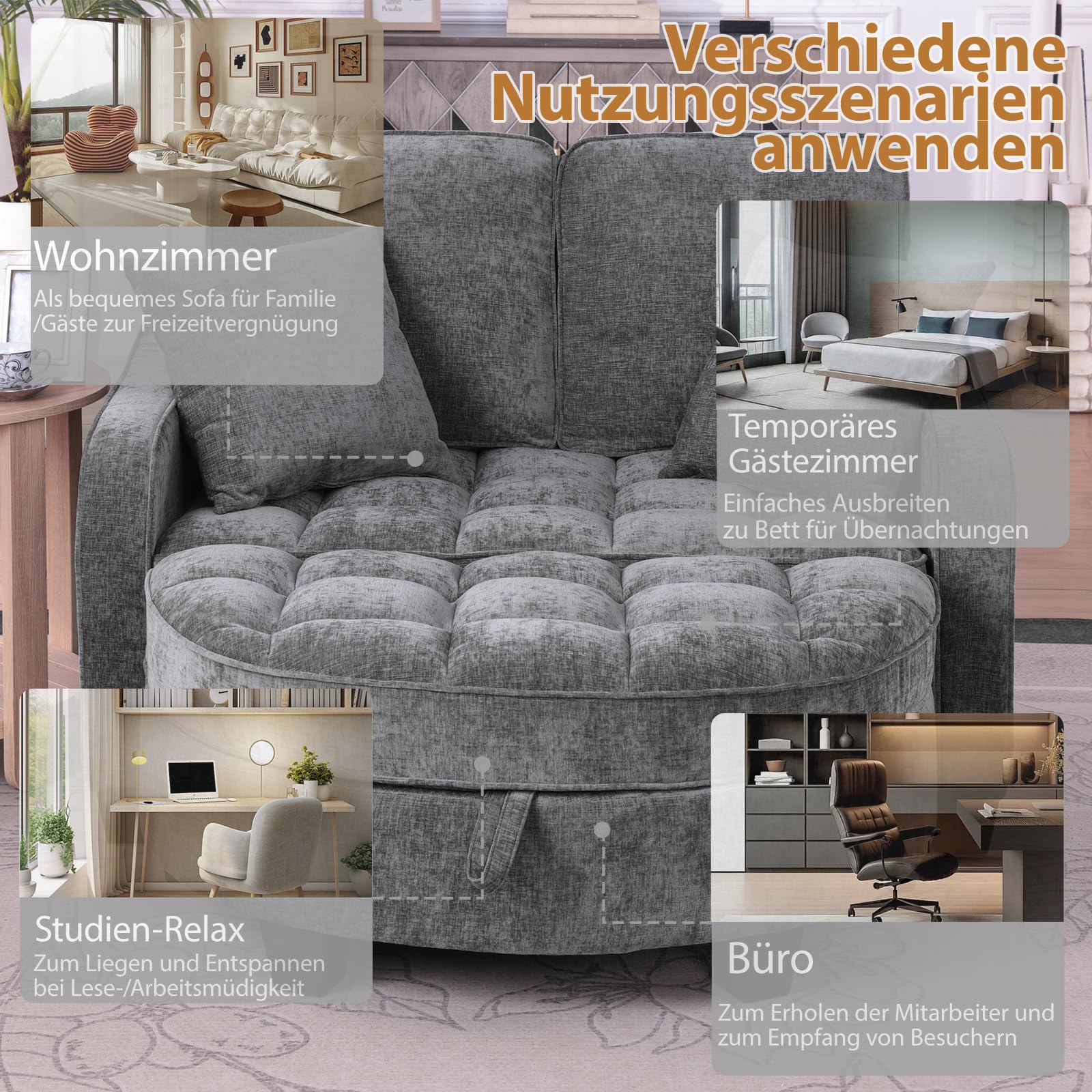 Sofá con función de dormir, sofá pequeño, chaise longue, sofá cama 2 en 1, taburete de almacenamiento y 4 cojines, para sala de estar, estudio, dormitorio, 132 × 129 × 93 cm (gris oscuro)