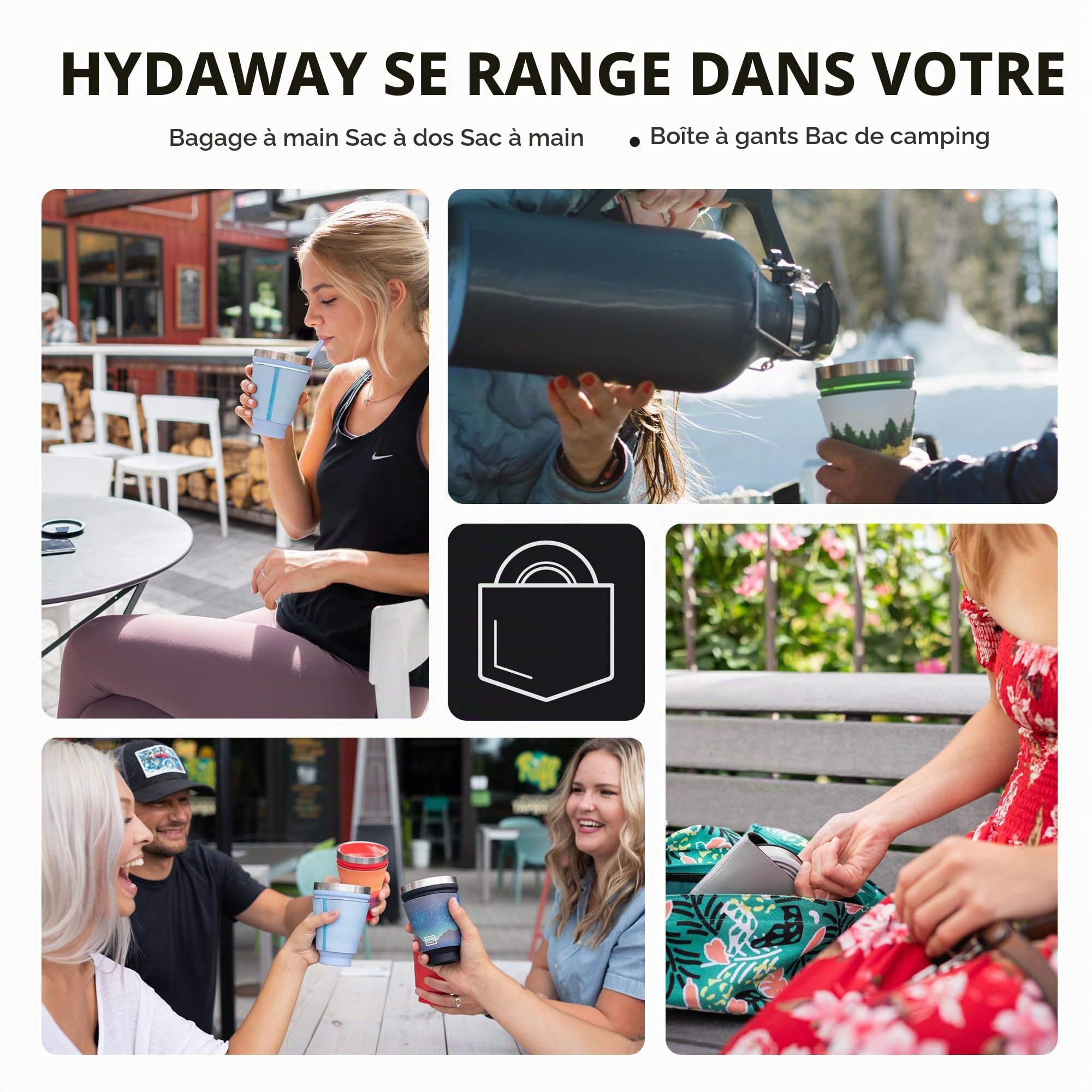 HYDAWAY Gobelet pliable avec couvercle et paille – Tasse de voyage isotherme en silicone, tasse de voyage pliable pour chaud et froid, tasse pliable pour café, thé, camping et randonnée, couvercle