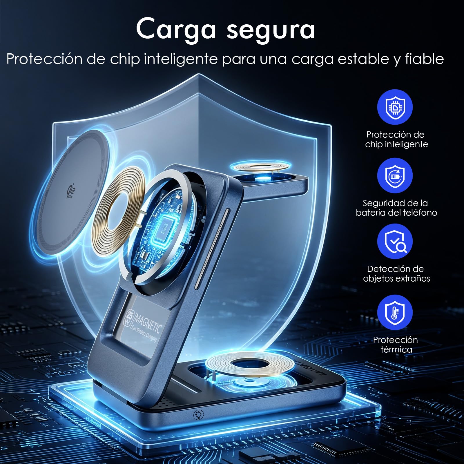 Cargador Inalámbrico Qi2.2 25W, 3 en 1 Estacion de Carga Plegable para apple17 16 15 14 13 12/Pixel 10 Galaxy S26 etc, para Auriculares, para Apple Reloj con Adaptador de 45W