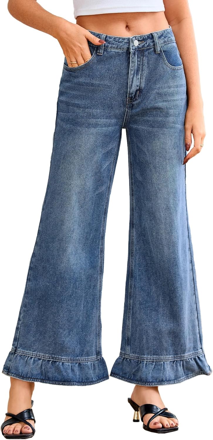 Women's Ruffle Flare Jeans High Rise Wide Leg Bell Bottom Demin Pants