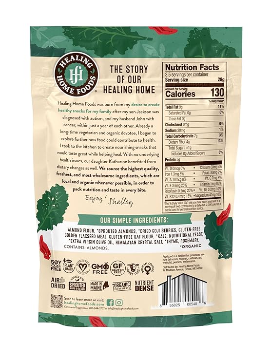 Healing Home Foods Kale Goji Raw High Protein Crackers, Made with Organic Goji Berries, Almonds and Golden Flaxseed Meal, Gluten Free, Vegan, Non-GMO, Plant Based Healthy Crackers, 3.5oz (1Pack)
