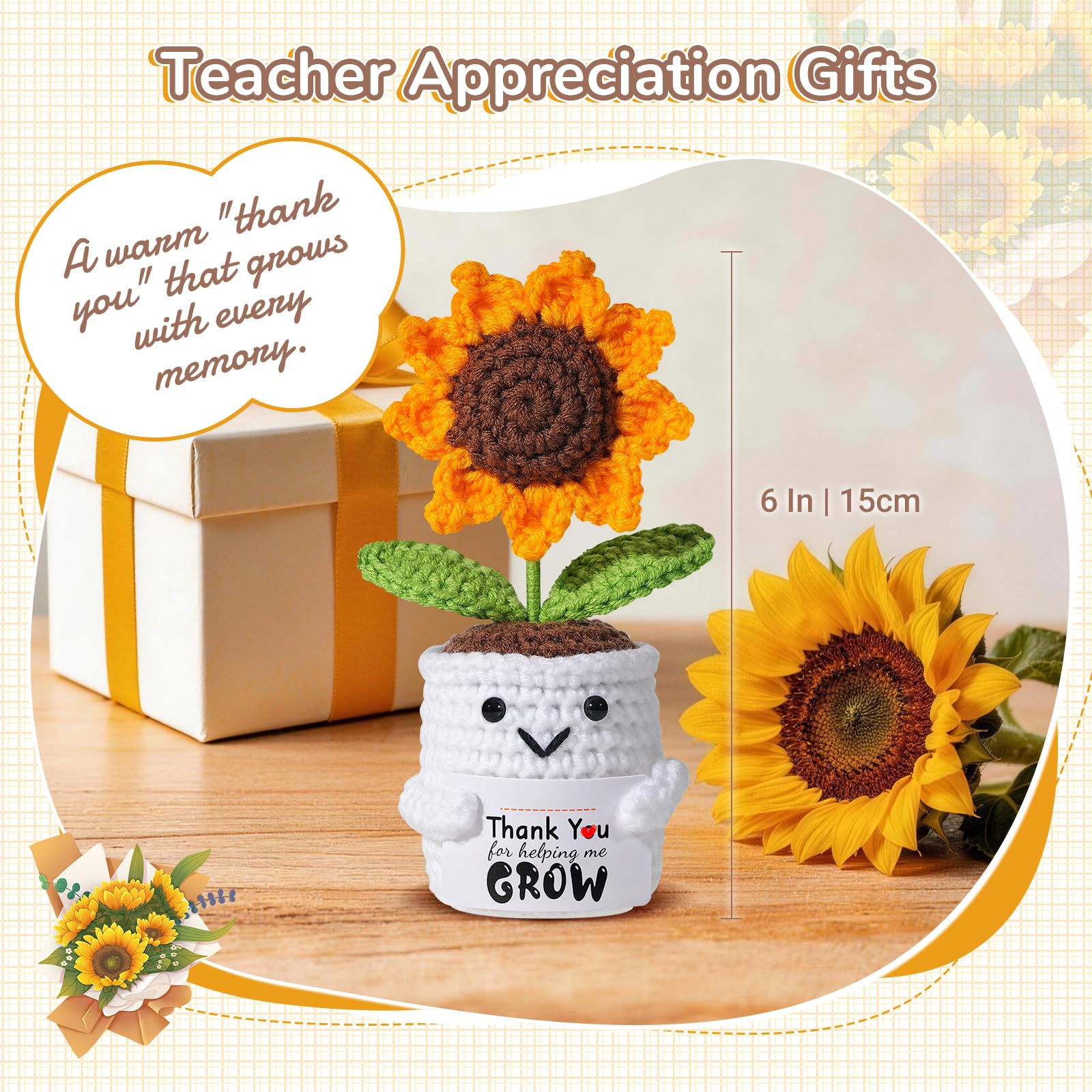 Handmade Crochet Sunflower Pot– Teacher Appreciation Gifts for Women with “Thank You for Helping Me Grow” Personalized Card, End of Year Thank You Teacher Gifts for Women, Desk Decor or Keepsake - 5