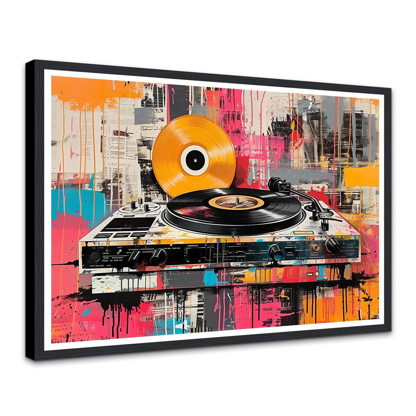 Novatique Retro Music Wall Art Vinyl Record Wall Art Abstract Music Picture Print Audio Studio Painting Decor Cassette Tape Art Framed Ready to Hang