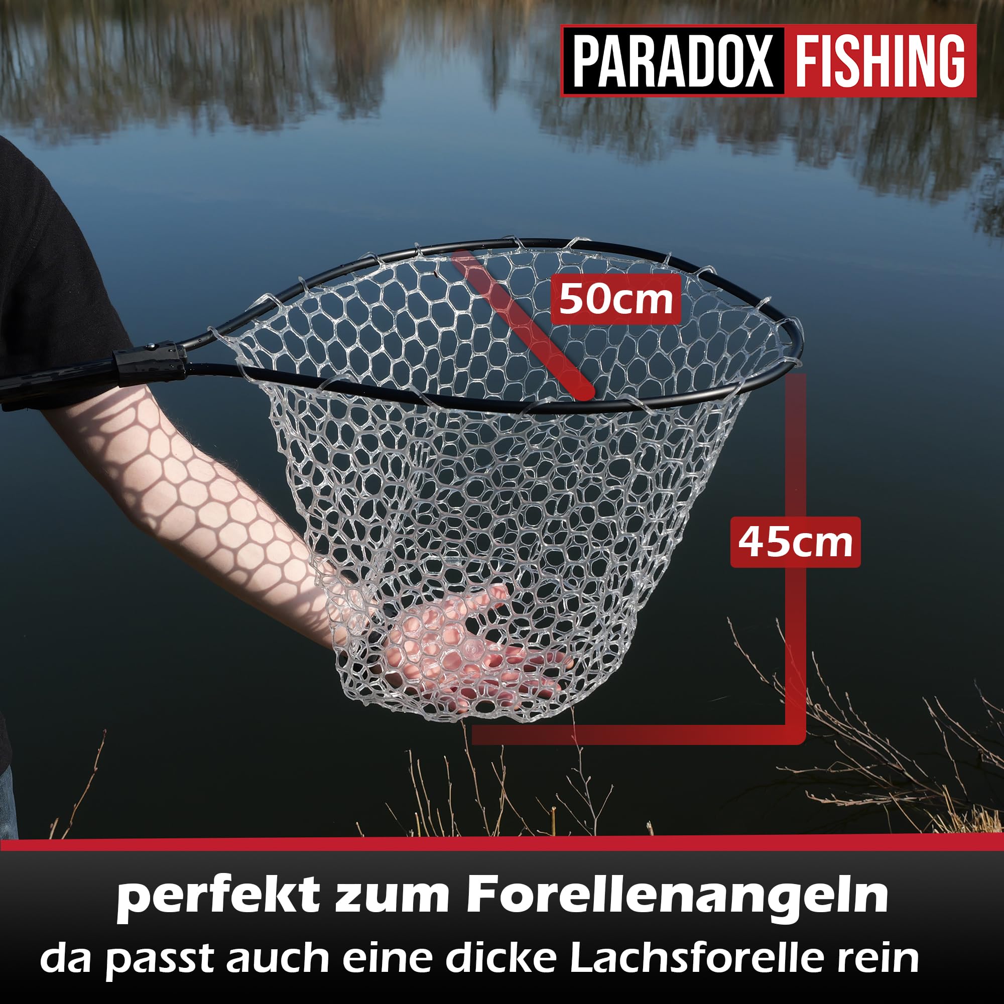 Paradox Fishing Retino per trote, 1,9 m, per laghetto trota, rete in gomma trasparente per un minimo effetto abrasivo, retino telescopico delicato sui pesci, 50 x 45 x 45 cm, testa rimovibile e manico