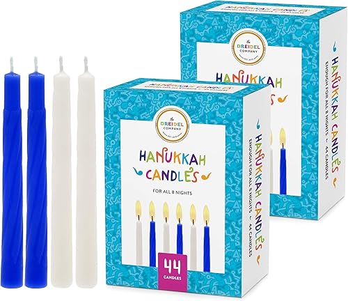 The Dreidel Company Menorah Janucá - Paquete de 2 velas de Janucá 44 velas azules y blancas para las 8 noches de Janucá