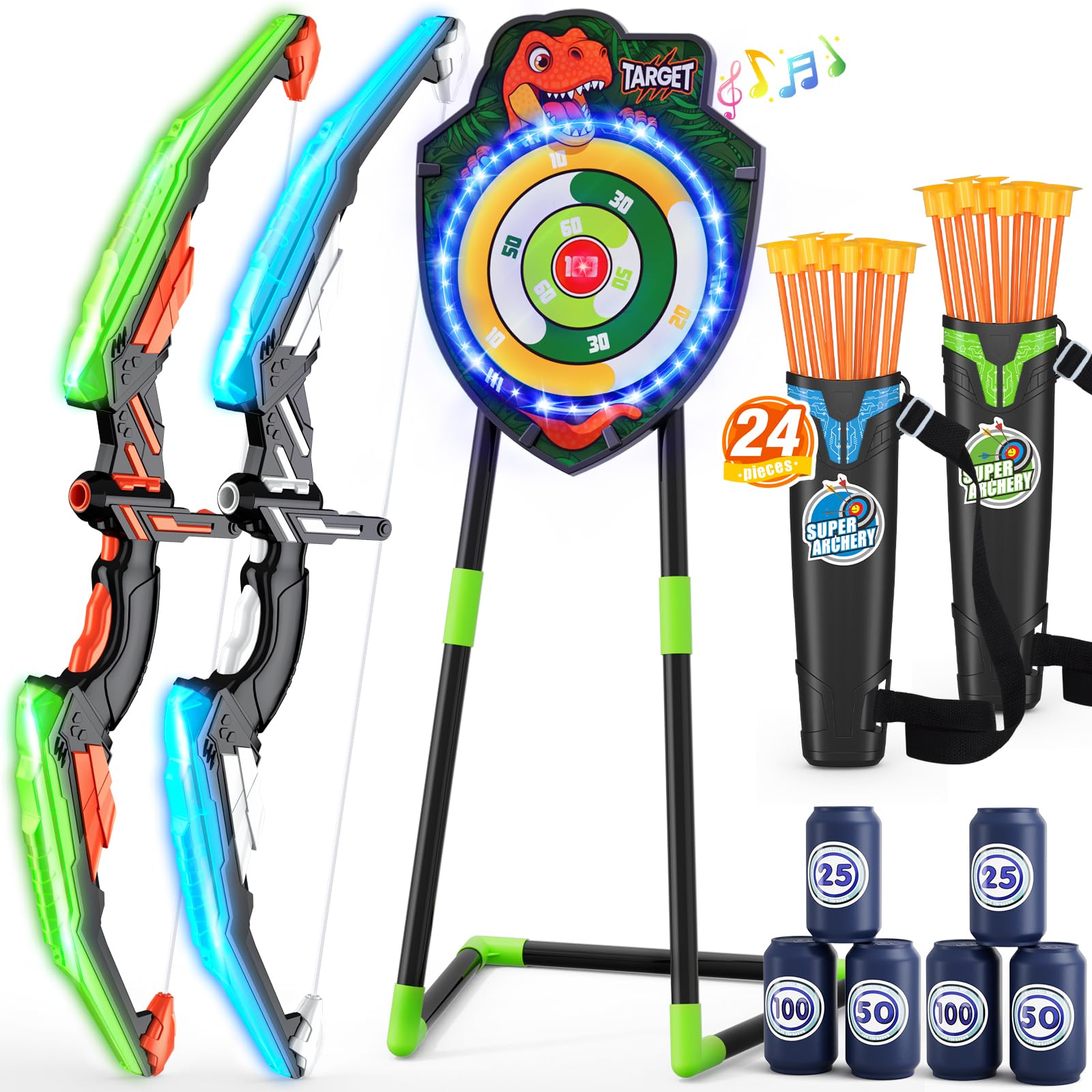 HYES 2 Pack Flèche et Arc pour Enfants, LED Lumière Dinosaure Tir à l'arc avec Flèches à Ventouse, Cible de Lueur Debout, Cibles de Score, Jouet d'Intérieur et d'Extérieur Cadeaux pour Garçons Filles
