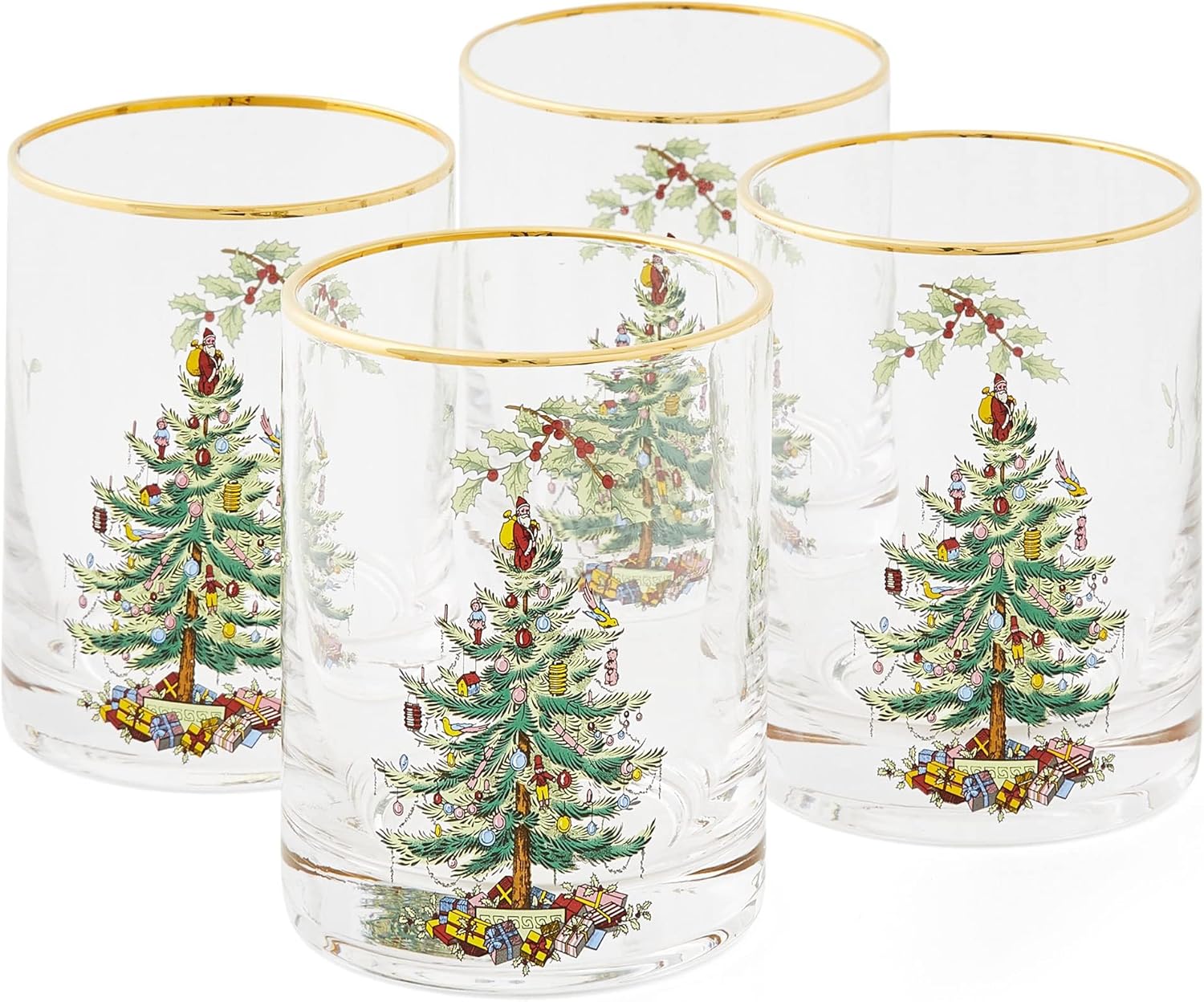 Spode Christmas Tree 14oz Double Old Fashioned Glasses, Set of 4 - Festive Holiday Drinkware with Rustic Christmas Design, Excellent for Whiskey at Holiday Gatherings & Cozy Celebrations