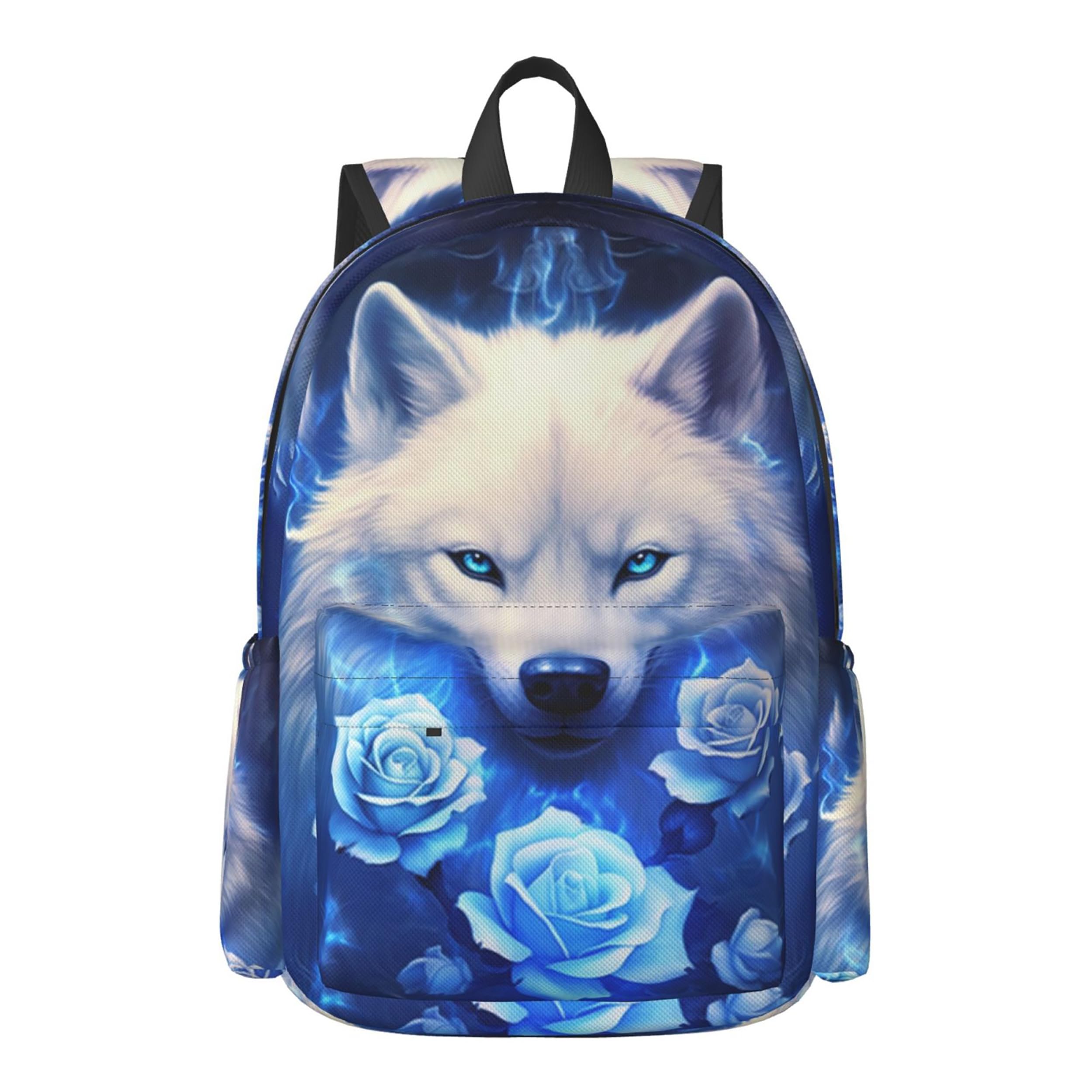 FeHuew 16 inch backpack Fantasy Blue Roses Wolf Laptop Backpack Full Print School Bookbag Shoulder Bag for Travel Daypack