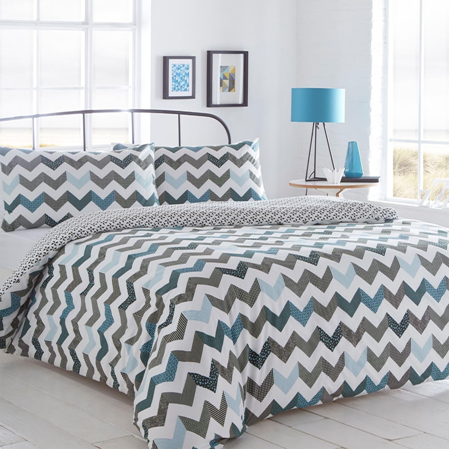 New Chevron Blue Reversible Duvet Set Quilt Cover Bedding & Pillow Case Bedroom Daybed Set (3 sizes) (Double)