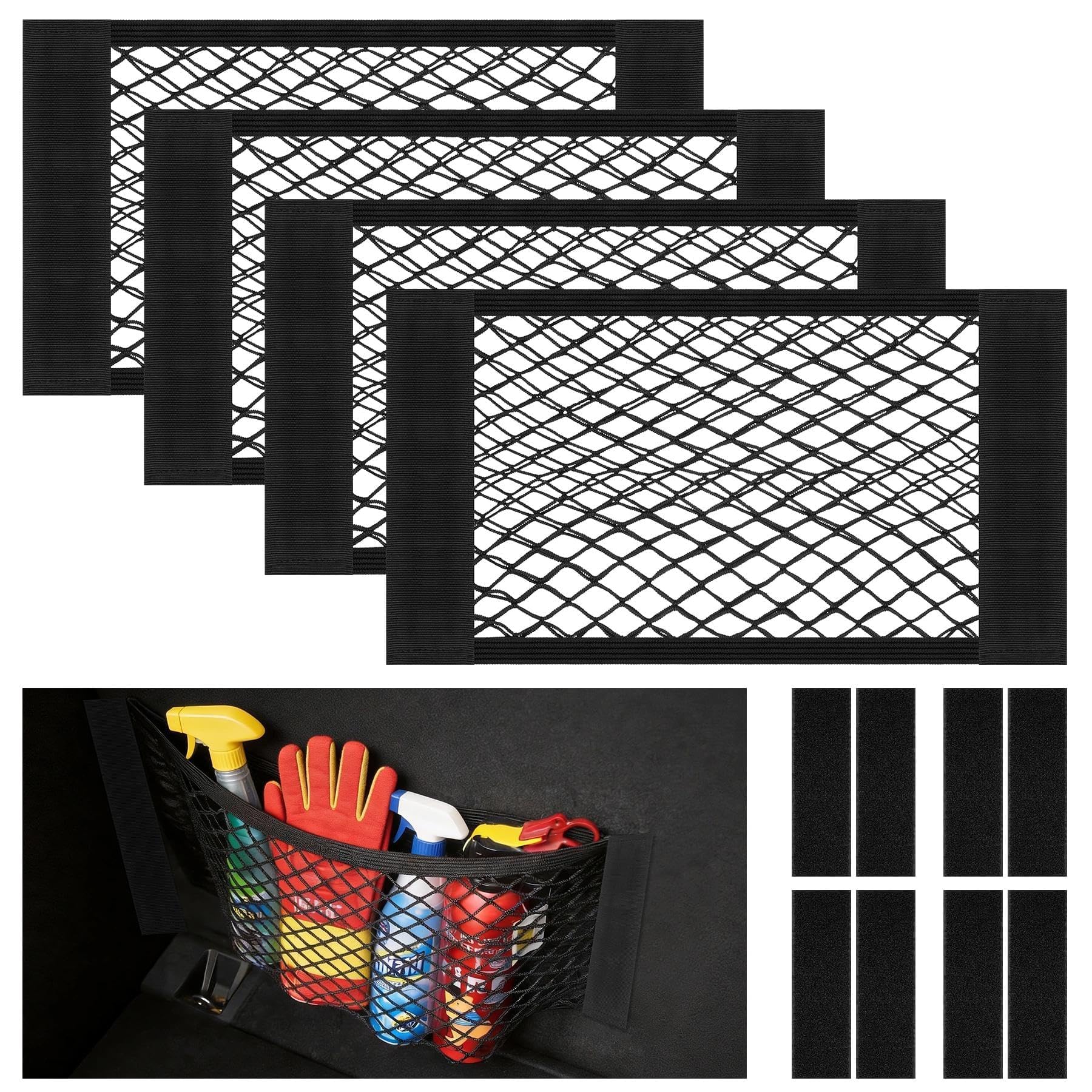 Gepäcknetz Auto, 4 Stück Nylon Kofferraum Netztasche Auto, 40 x 25 cm Universal Kofferraumnetz Schutznetz Elastisch, Mit Selbstklebender Rückseite, für Wildleder und glänzende Oberflächen Geeignet