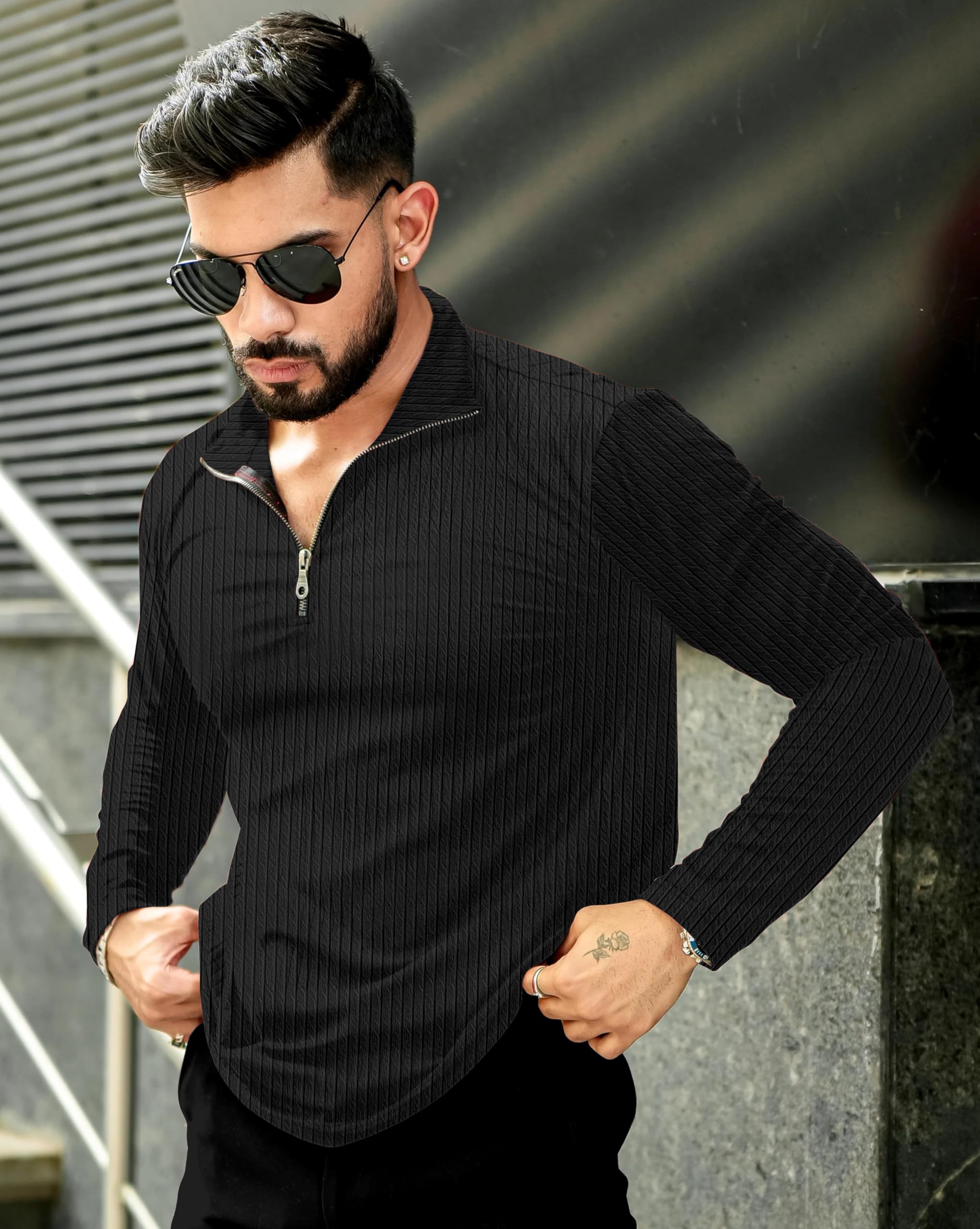 KAJARU Men's Quarter Zip Pullover T-Shirt, Cable Knit Pattern, Full Sleeve (in, Alpha, XL, Black) - Image 5 thumbnail