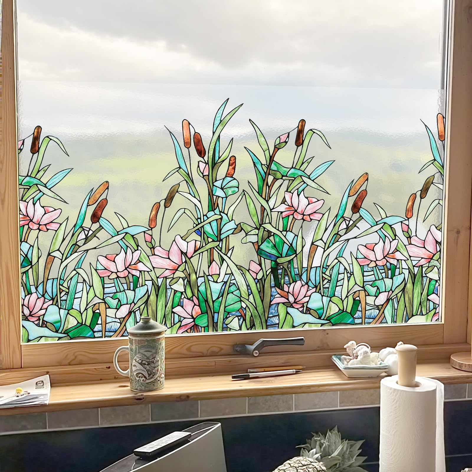 ADD.HERES Stained Glass Window Film Window Sticker Summer Window Clings UV Blocking Static Cling for Home Kitchen Office Bathroom,Summer Lotus Pond 44x100cm