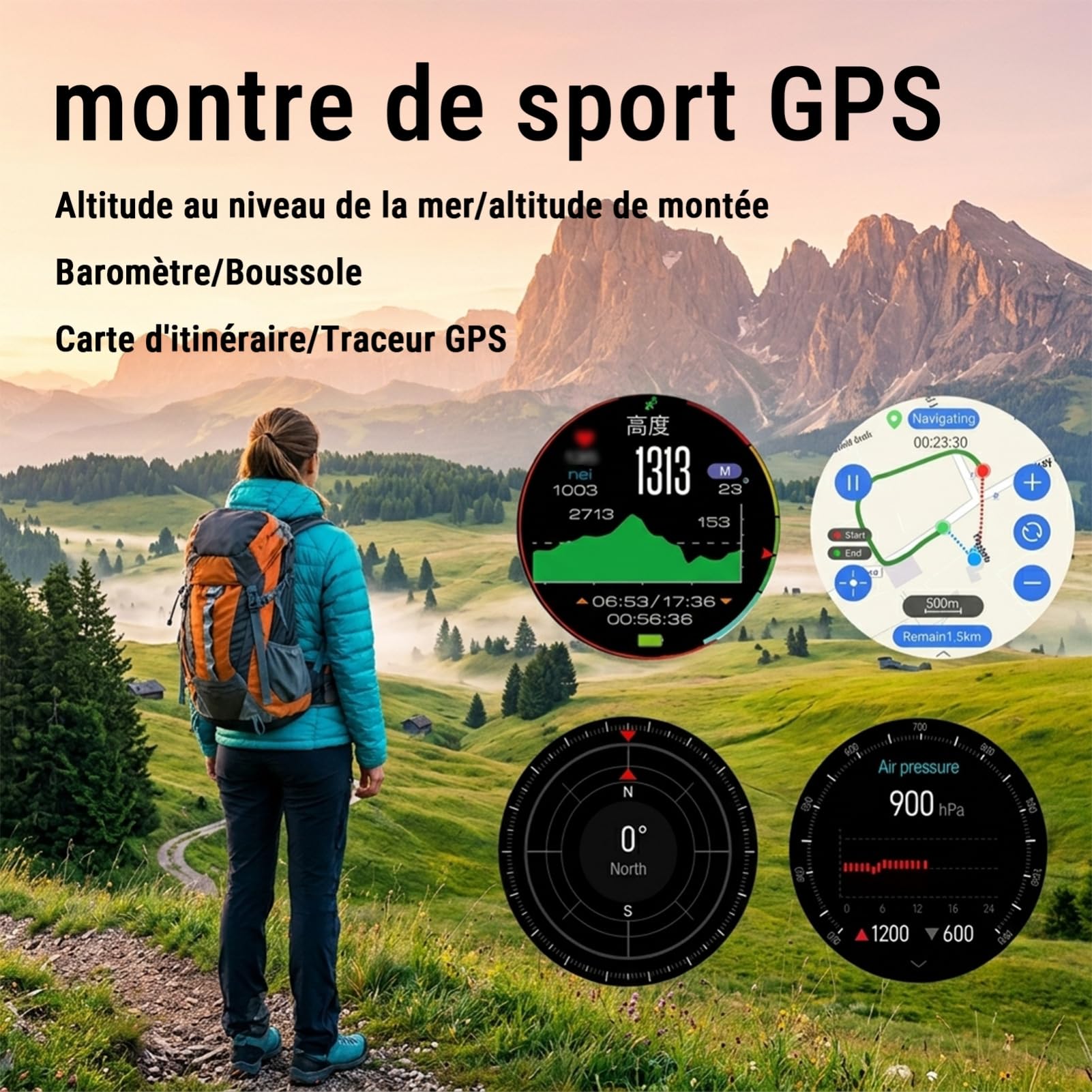 GPS Montre Connectée Homme, AMOLED Écran Tactile 1,43 Pouces Montre Sport G7, Appels Bluetooth, Cartes Hors Ligne, 100+ Modes Sportifs, Boussole, Étanche 5 ATM pour iOS/Android (Cuir Marron)