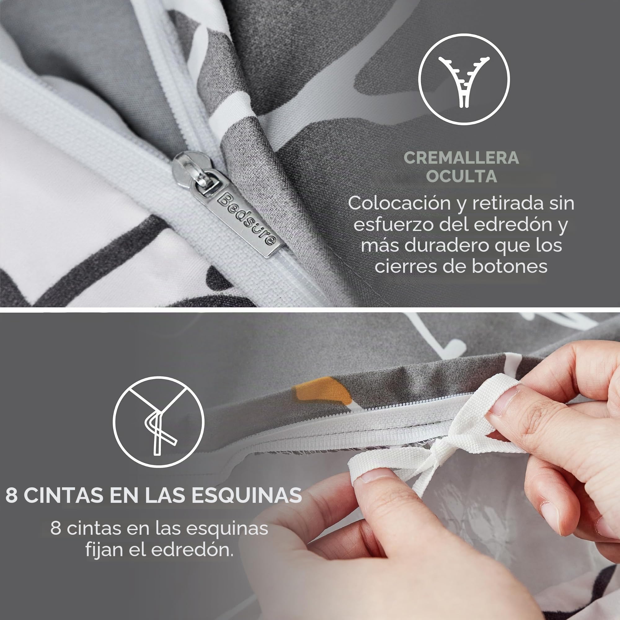 BEDSURE Ropa de cama de 135 x 200 cm, 4 piezas, funda nórdica de 135 x 200 cm, juego de 2 unidades con 2 fundas de almohada de 80 x 80 cm, certificado Öko-Tex reversible, diseño de ramas, color gris