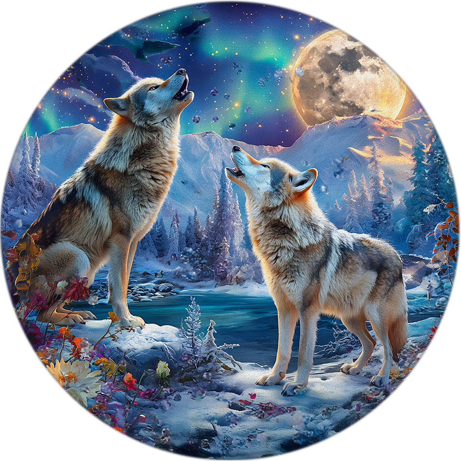 Wolf Round Rug 3ft-Wolf Family Howled Under Full Moon Snow Winter Forest Mountain Animal Snowflake Watercolor Bathroom Rug Microfiber Memory Foam Area