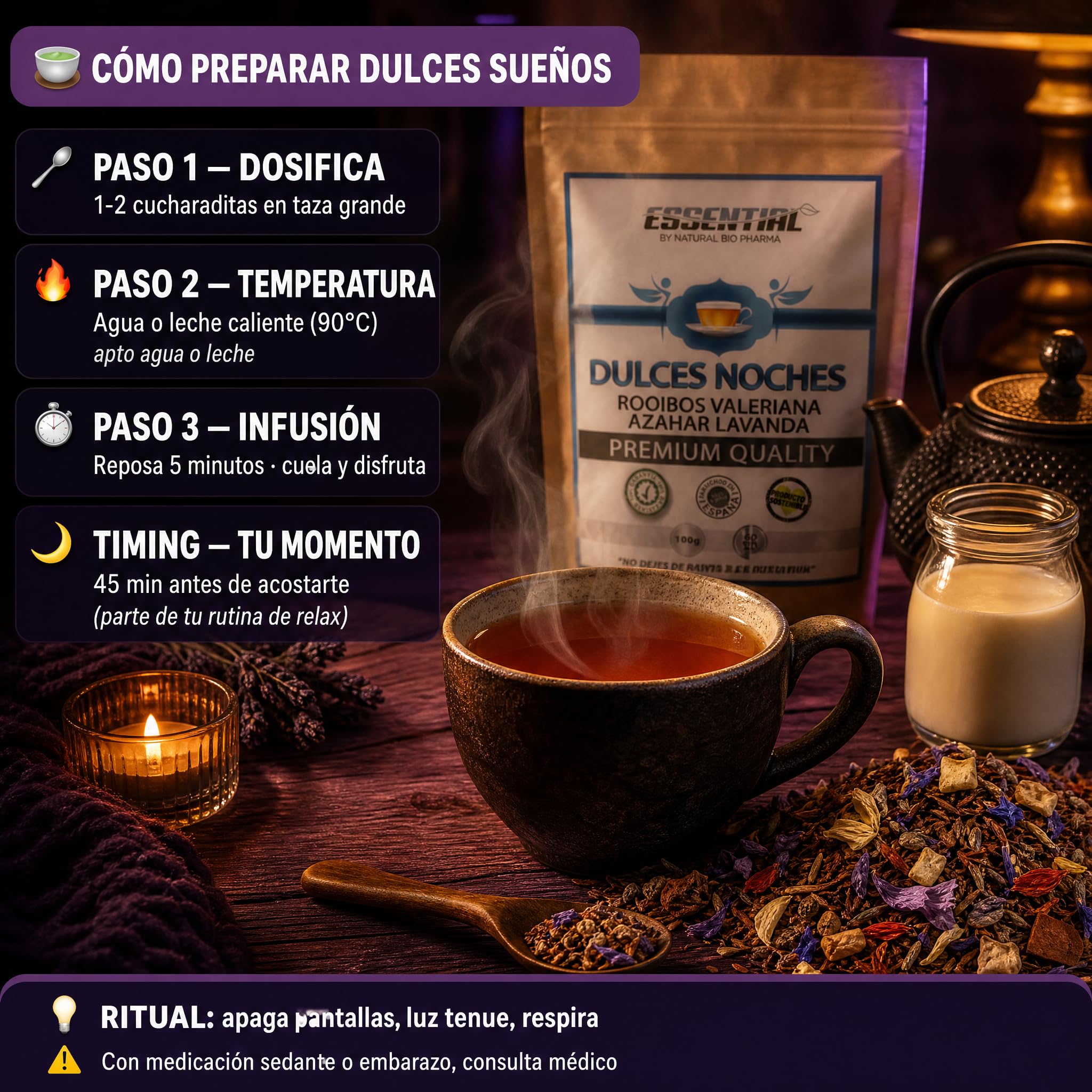 Duerme bien. Infusiones Relajantes para la Ansiedad y para Dormir Profundo toda la Noche. Rooibos de Valeriana, Lavanda, Malva, Azahar y Manzana. Sueño Profundo con esta Infusión Relajante para Dormir