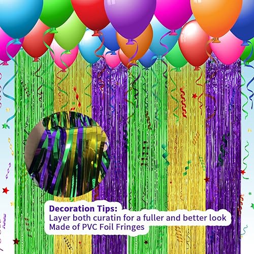 Miniatura 3 de Paquete de 2 cortinas de flecos de papel metálico de Mardi Gras de 32 x 98 pies cortinas de oropel morado verde y dorado serpentinas para fiesta